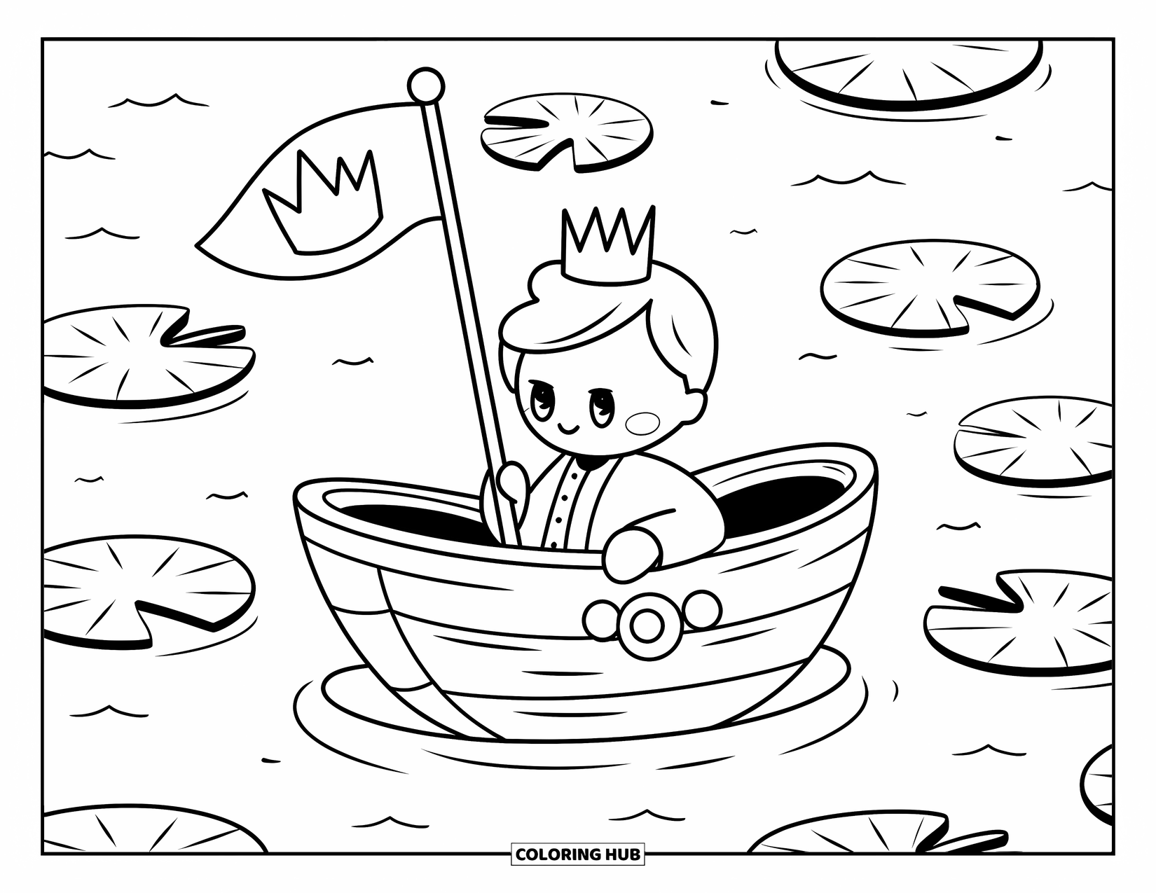 Prince Coloring Page for Adults: A prince sails a toy ship with a crown-shaped flag among lily pads