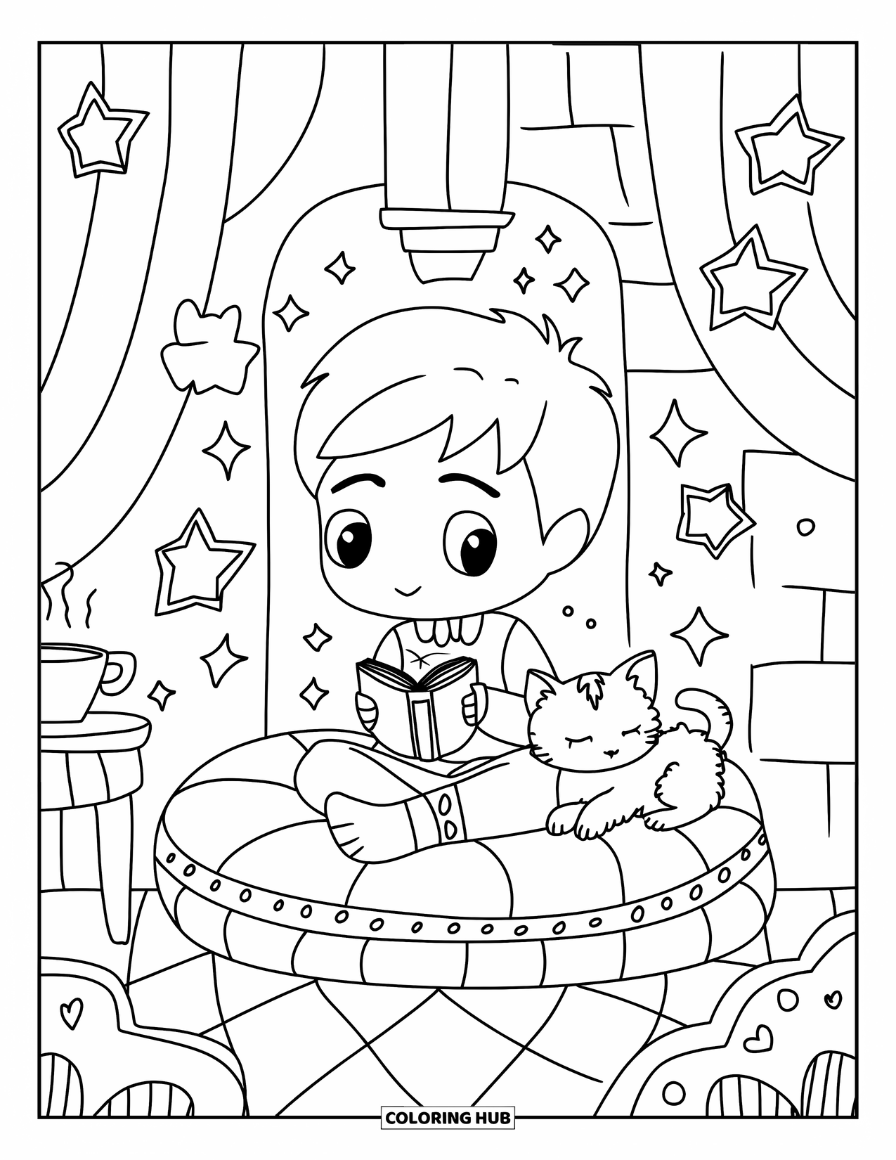 Prince Coloring Page for Adults: A prince sits with a book and tea while a kitten naps nearby