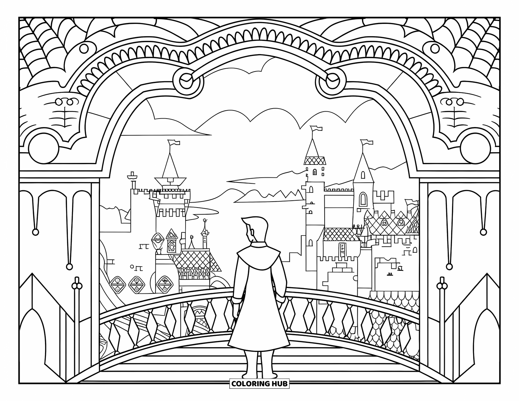 Prince Coloring Page for Adults: A prince stands on a bridge overlooking a vast kingdom of towers and rooftops