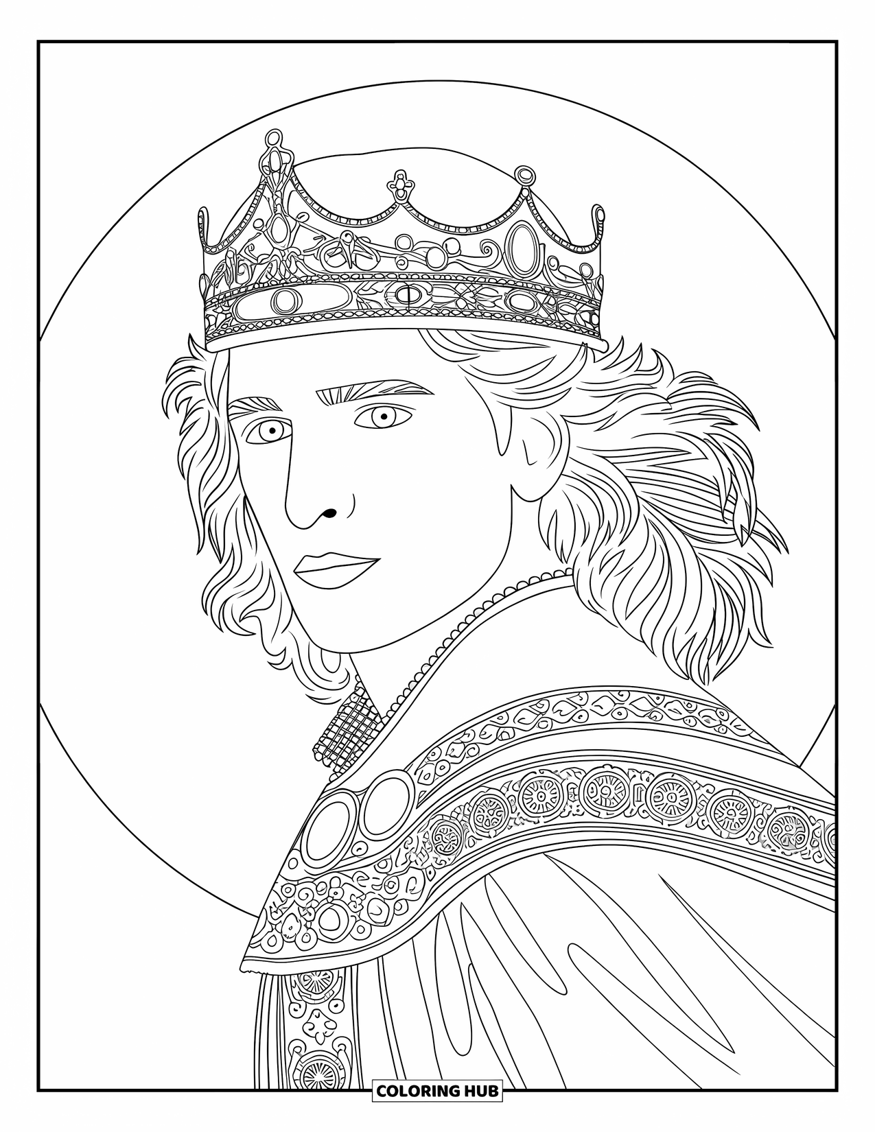 Prince Coloring Page for Adults: A prince's face shows a jeweled crown and embroidered flowing cape