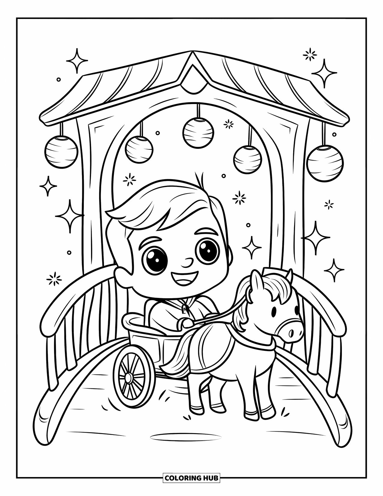 Prince Coloring Page for Adults: A smiling prince rides a pony carriage over a lantern-lit bridge