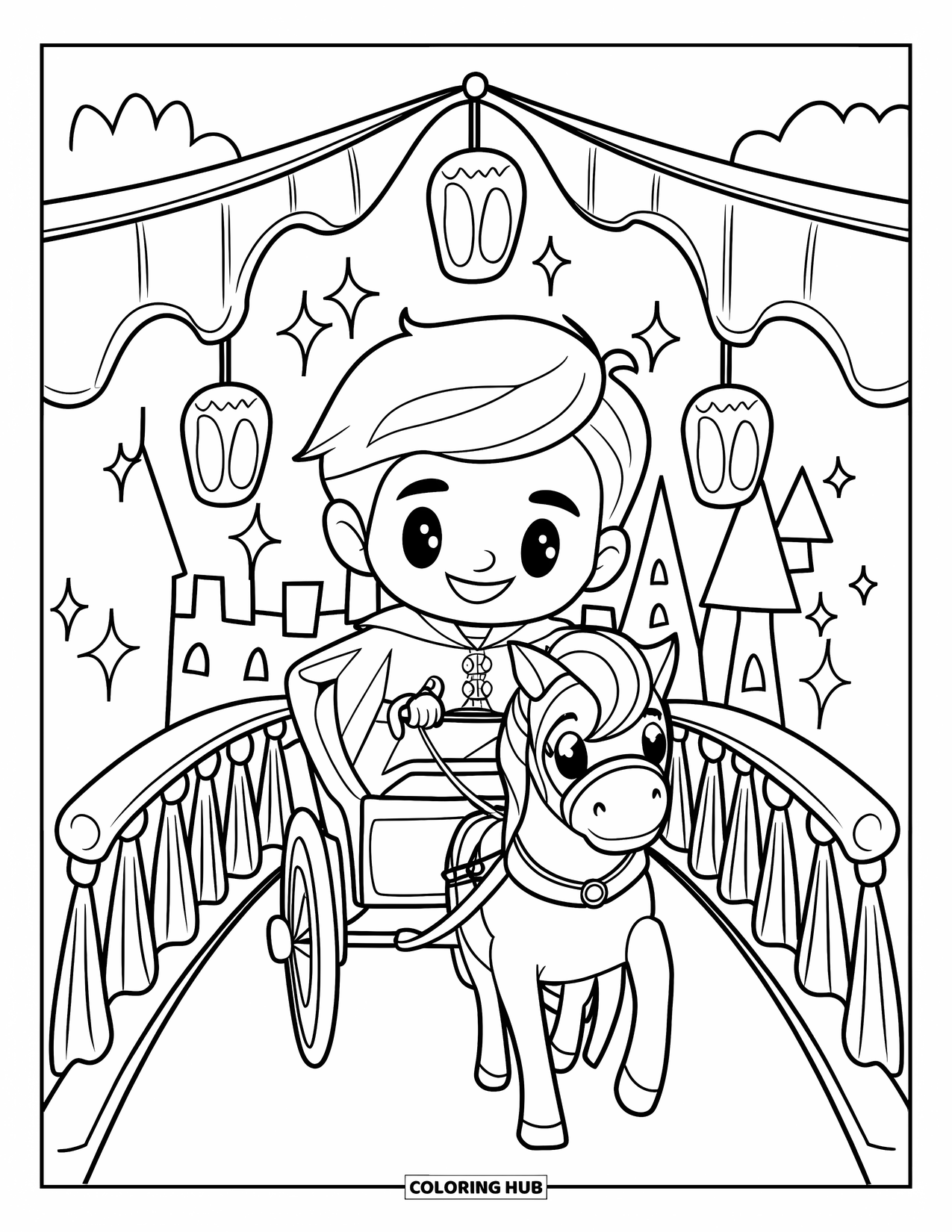 Prince Coloring Page for Adults: A smiling prince rides a tiny pony carriage across a fairytale bridge