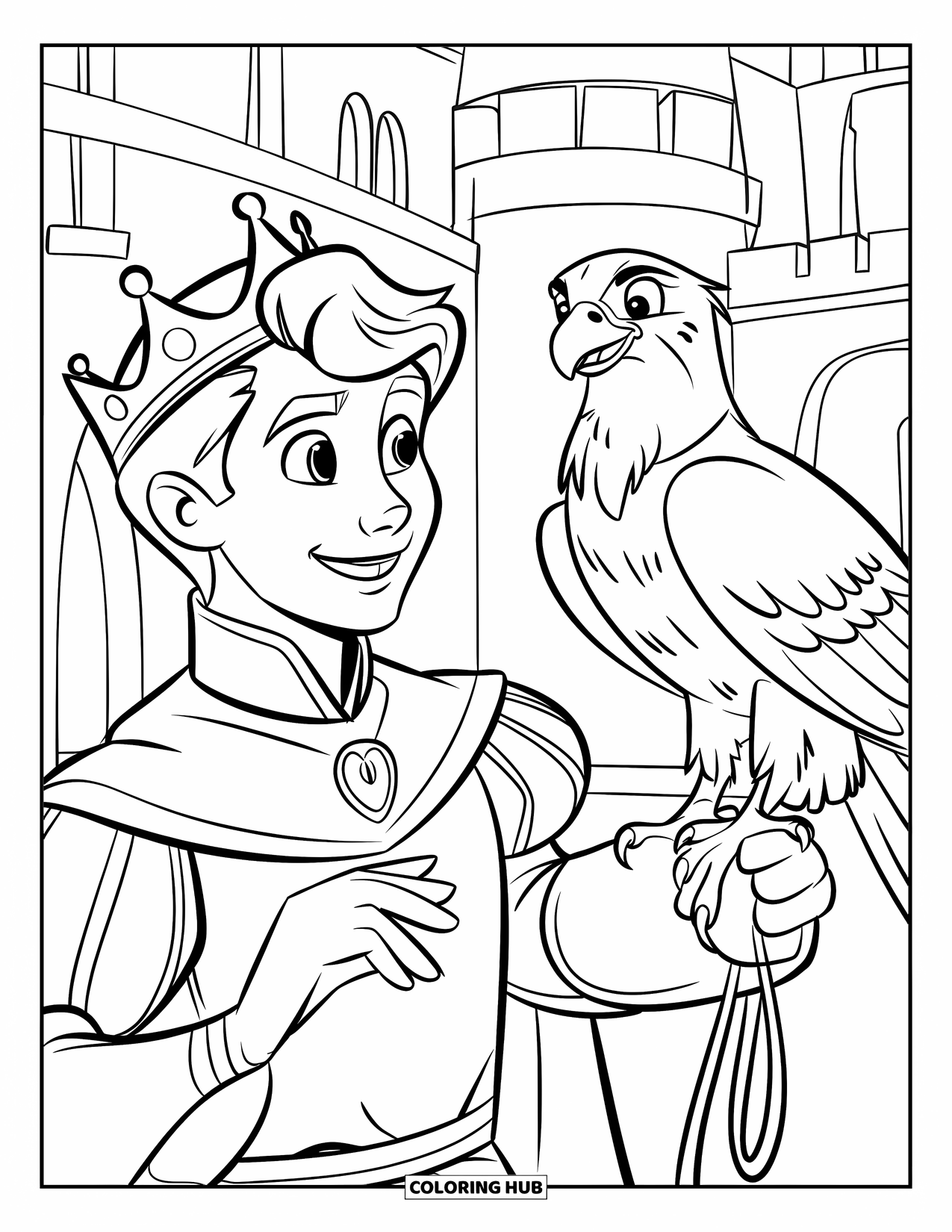 Prince Coloring Page for Kids: A crowned prince pets a falcon in front of castle towers
