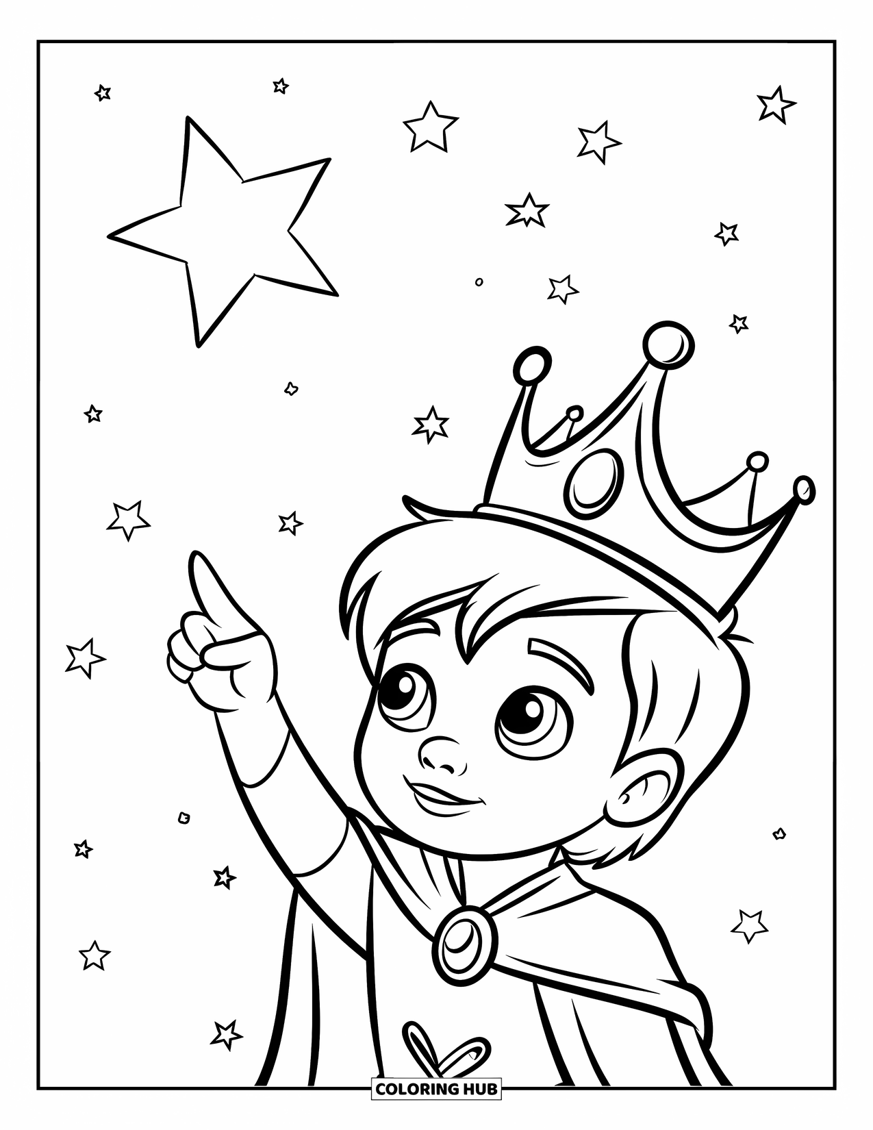 Prince Coloring Page for Kids: A crowned prince points at a shining star in the night sky
