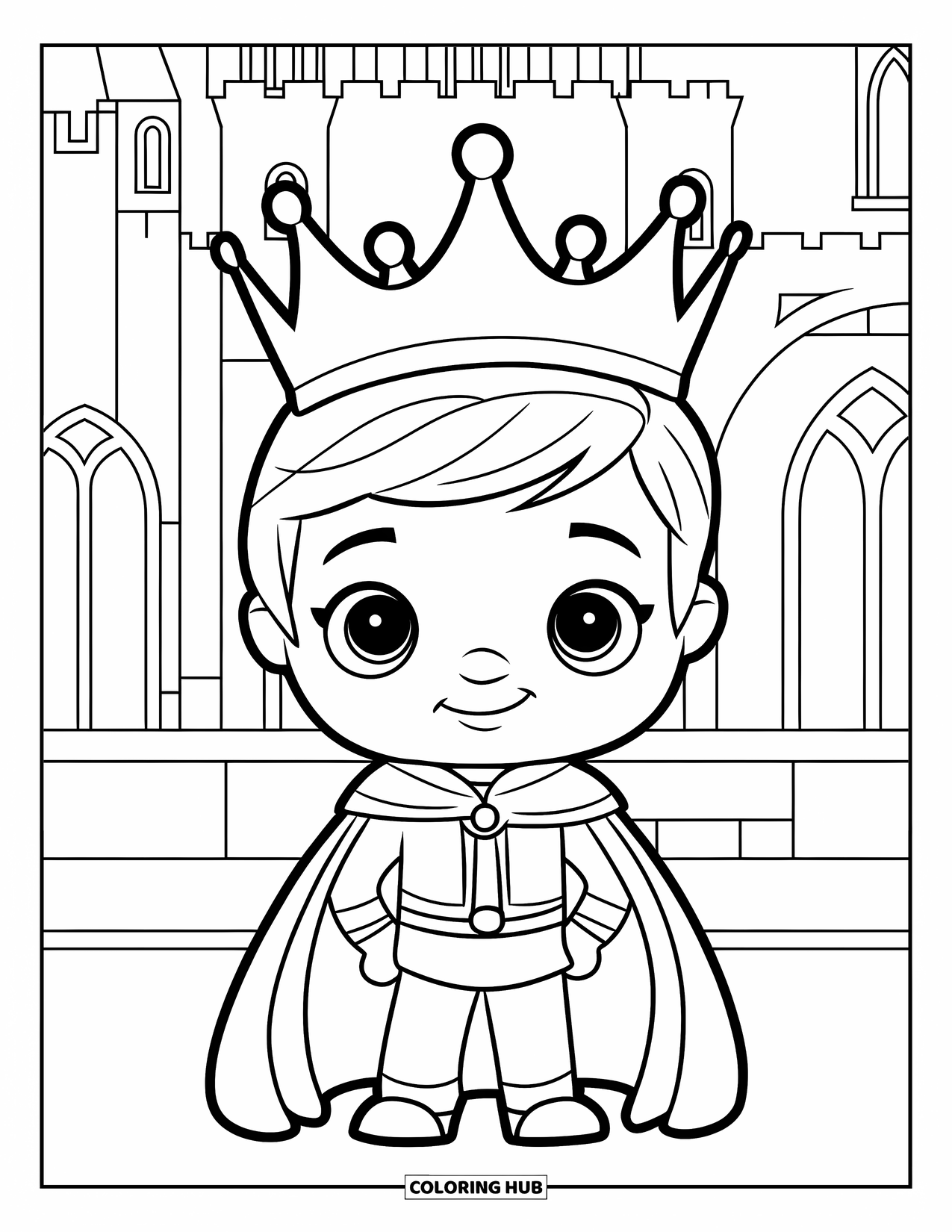 Prince Coloring Page for Kids: A cute prince in a cape stands before a castle with tall towers