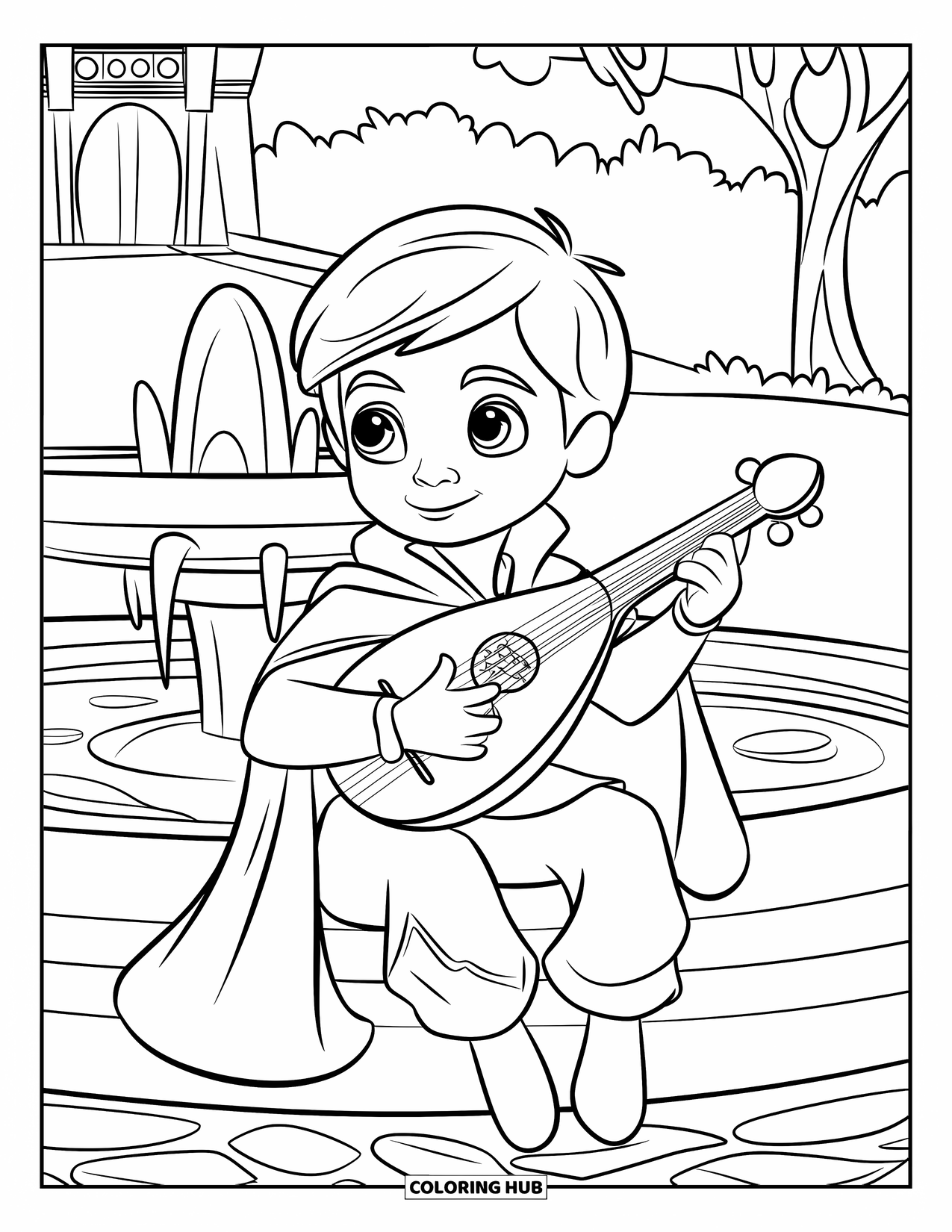 Prince Coloring Page for Kids: A cute prince plays a lute near a fountain with flowing water