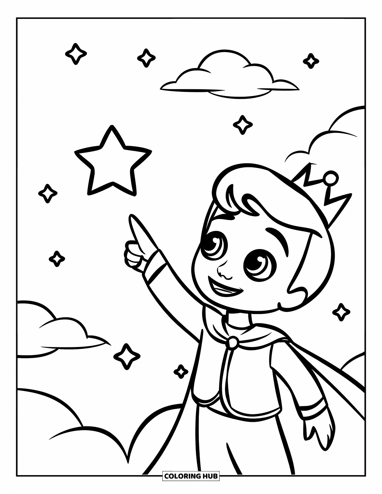 Prince Coloring Page for Kids: A cute prince points to a star in the sky with clouds around