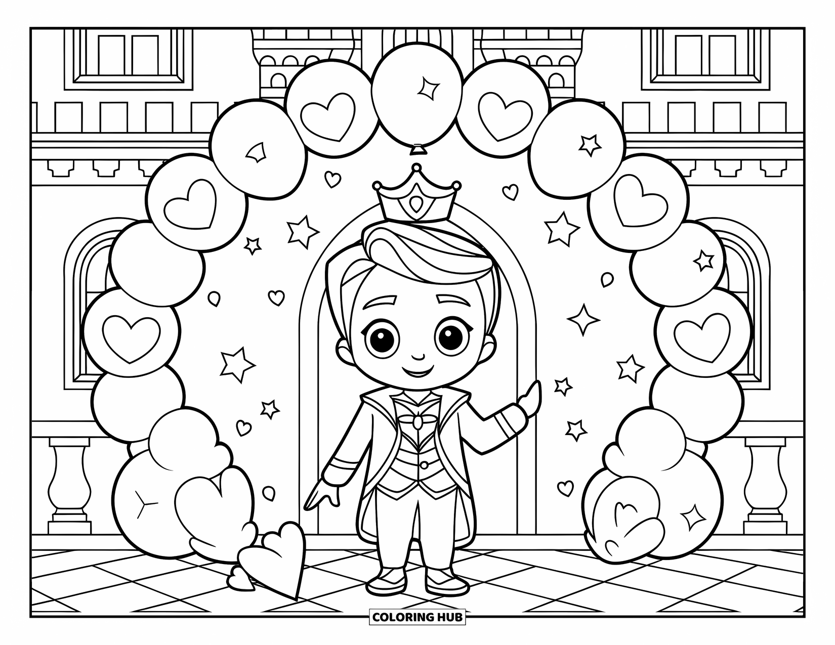 Prince Coloring Page for Kids: A cute prince stands under a balloon arch decorated with hearts and stars