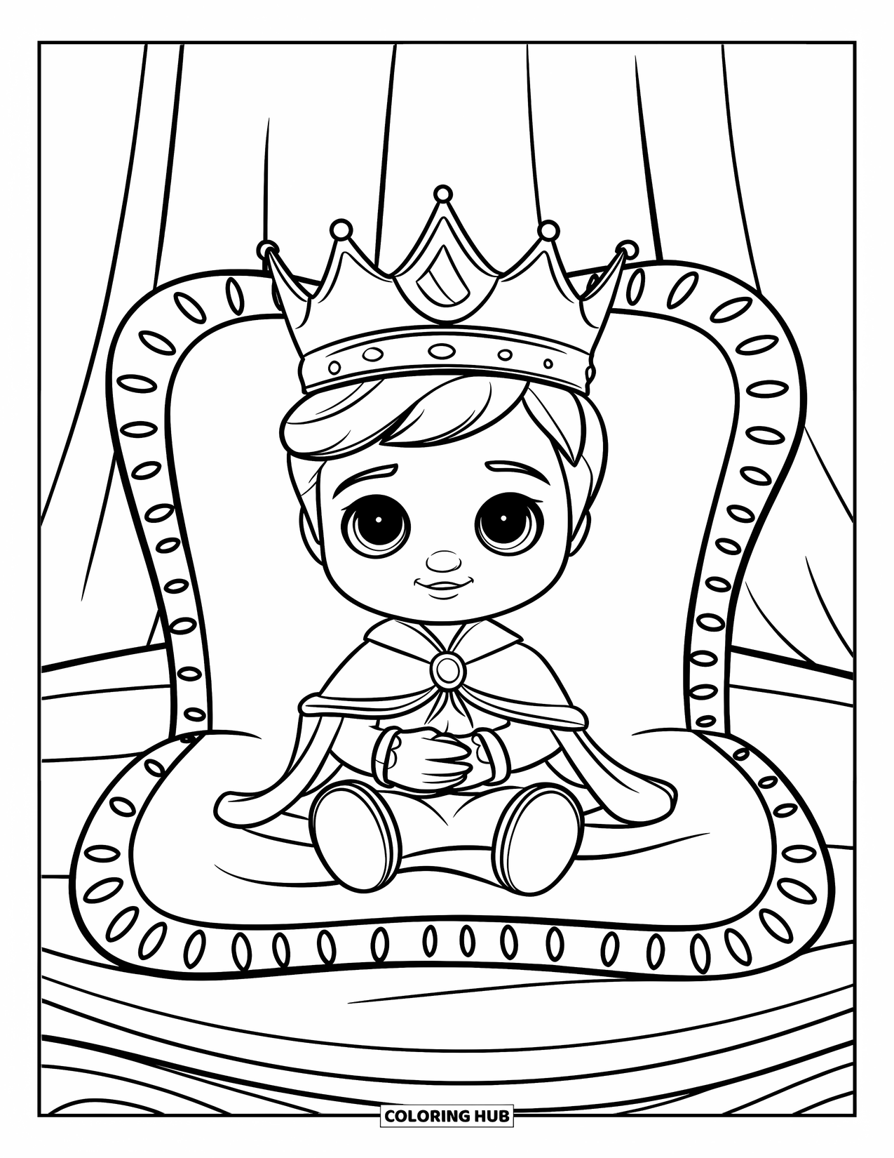 Prince Coloring Page for Kids: A little prince in a robe sits on a decorated cushion