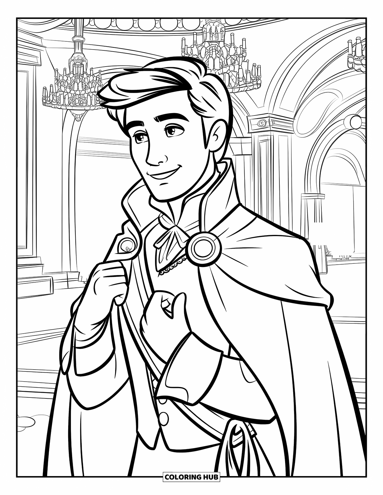 Prince Coloring Page for Kids: A prince adjusts his cape in a grand hall with a chandelier