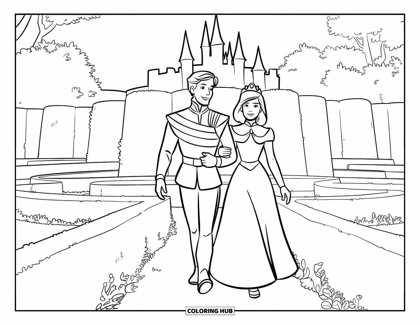Prince Coloring Page for Kids: A prince and princess walk through a maze surrounded by greenery and trees