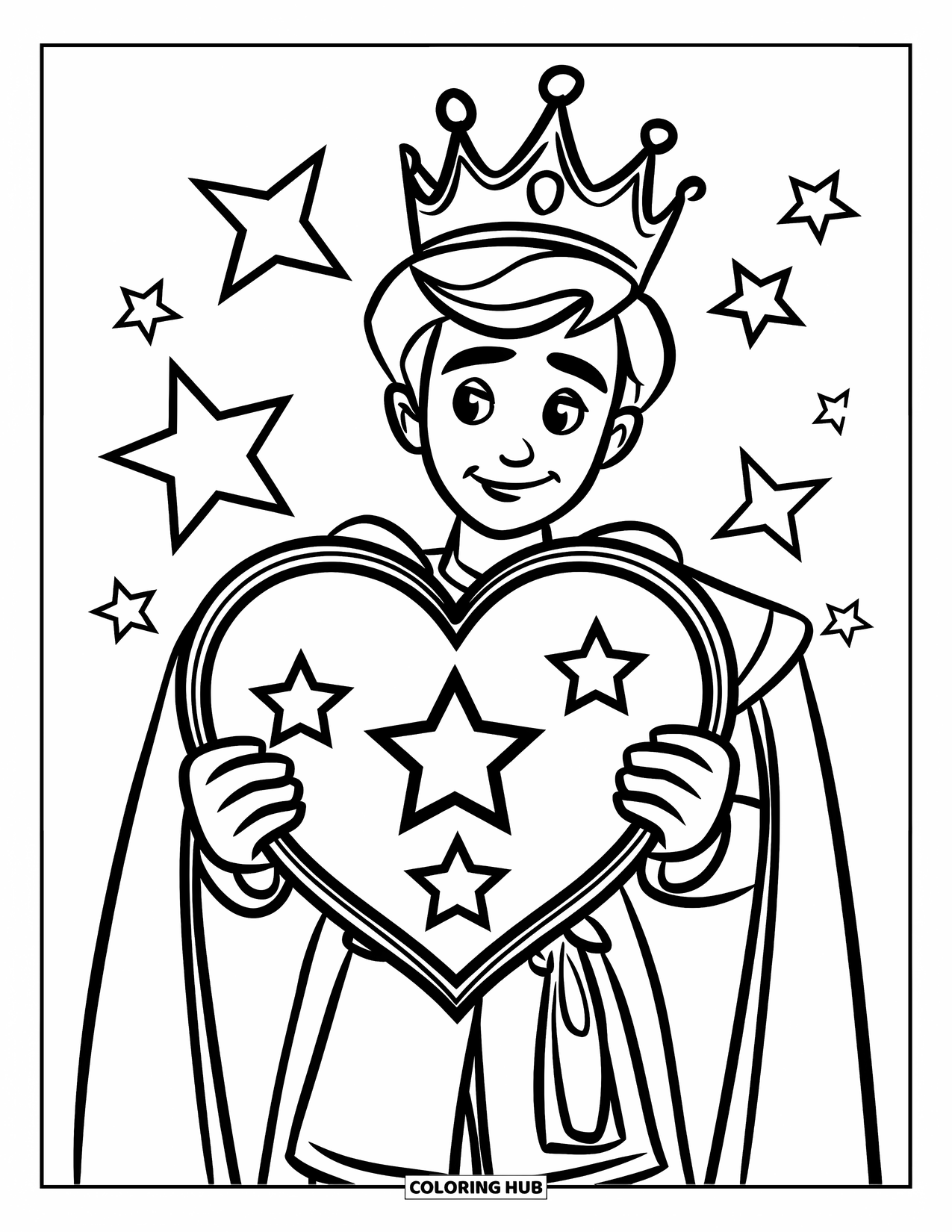 Prince Coloring Page for Kids: A prince holds a large heart surrounded by shining stars