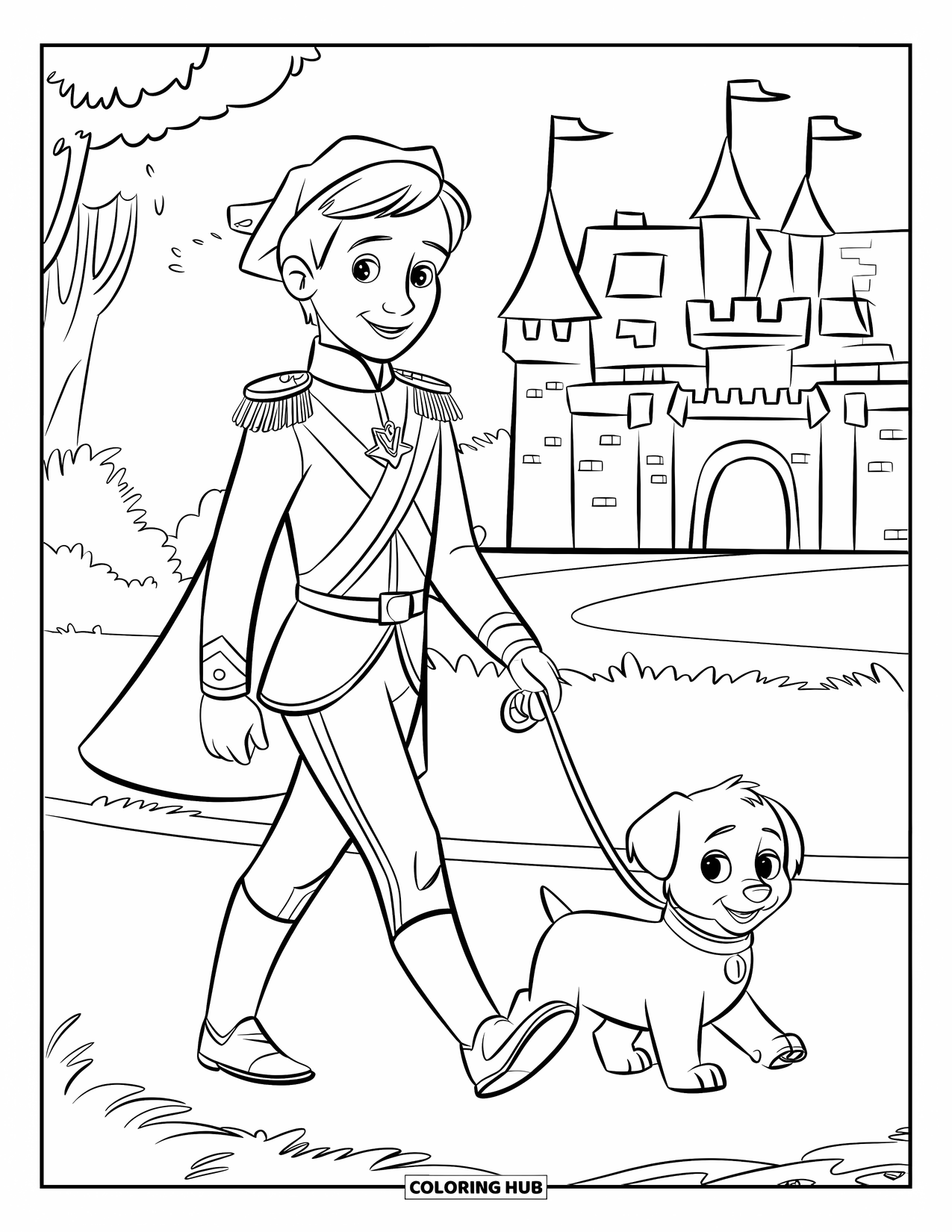 Prince Coloring Page for Kids: A prince in a uniform walks with a puppy near a castle