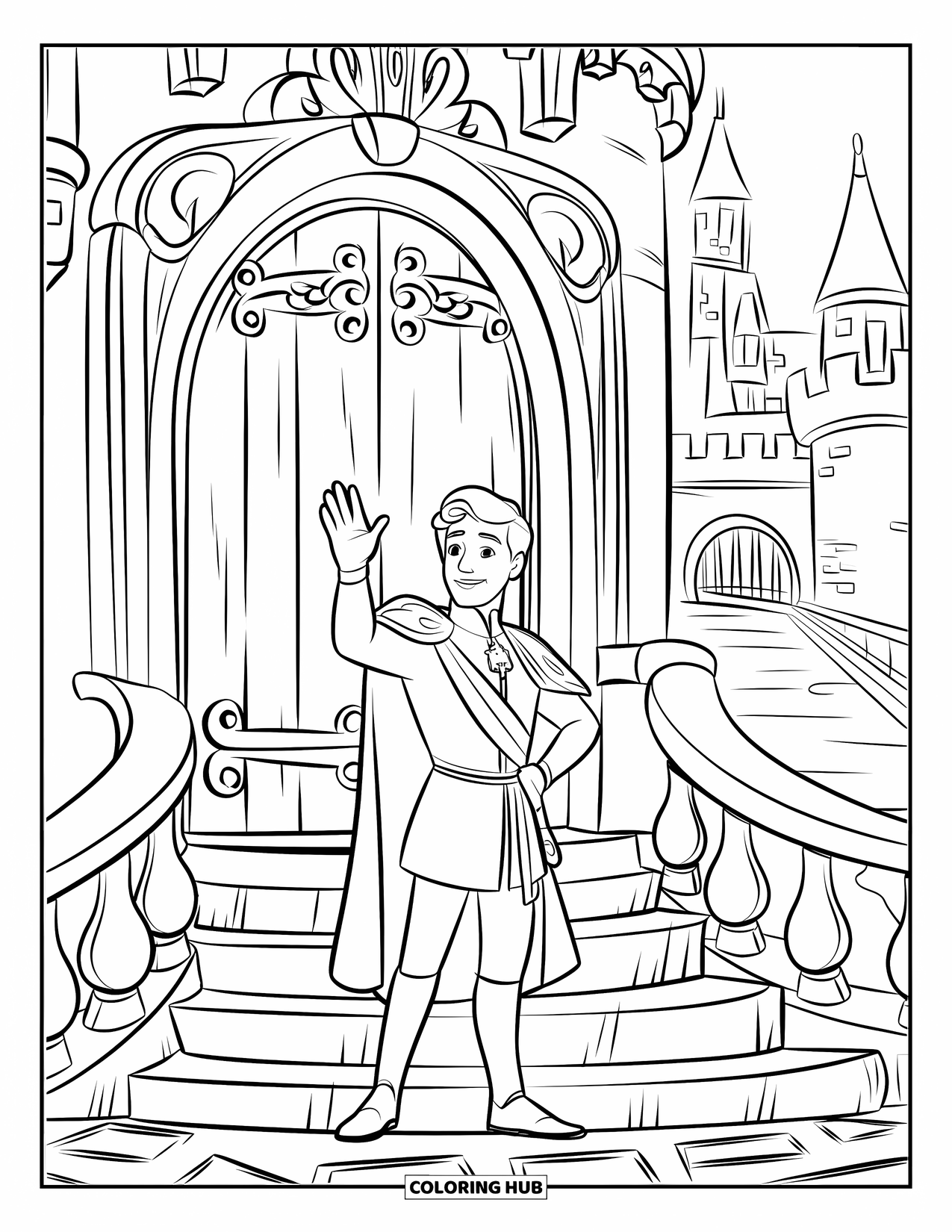 Prince Coloring Page for Kids: A prince in crown and robe waves from castle steps before a wooden door