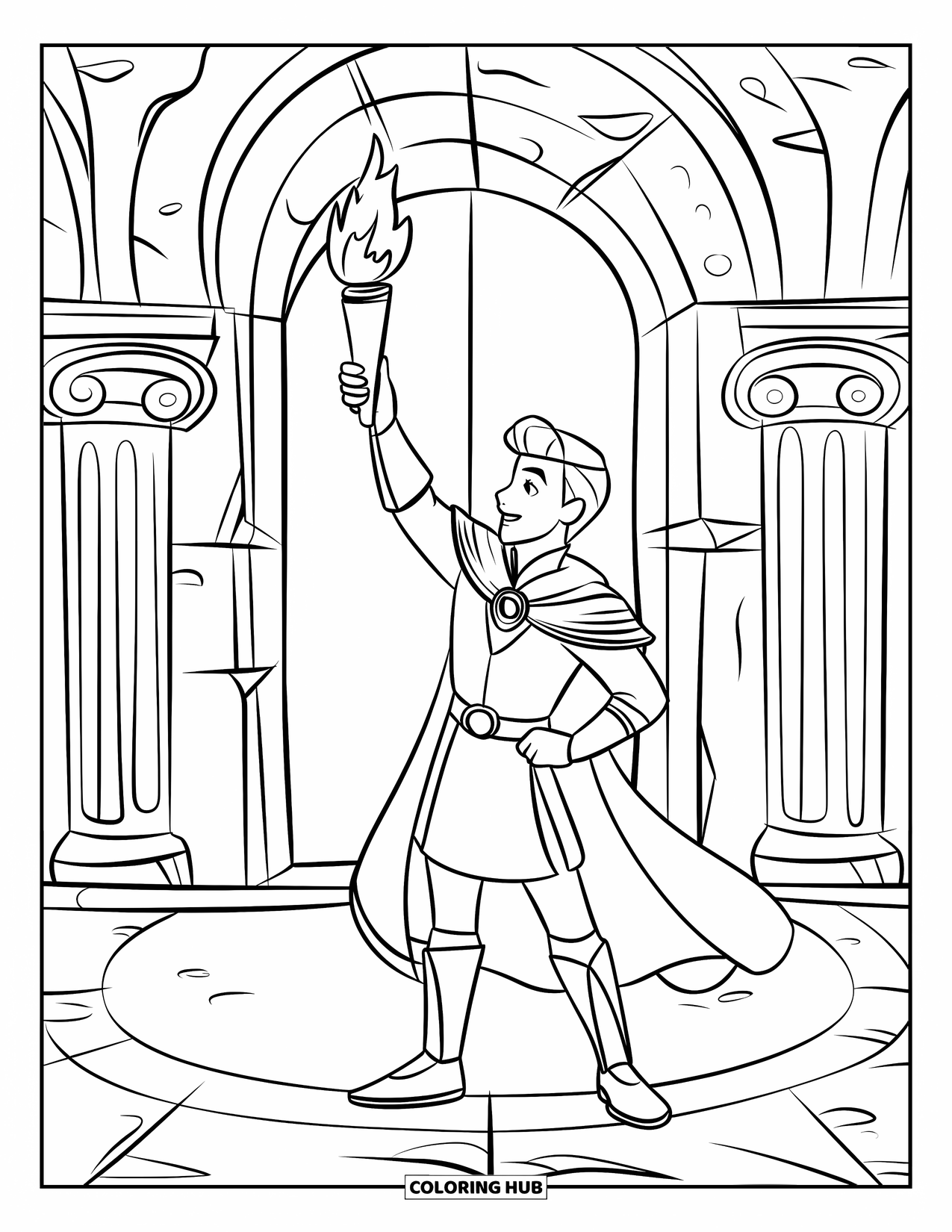 Prince Coloring Page for Kids: A prince raises a torch inside a chamber with columns and a door