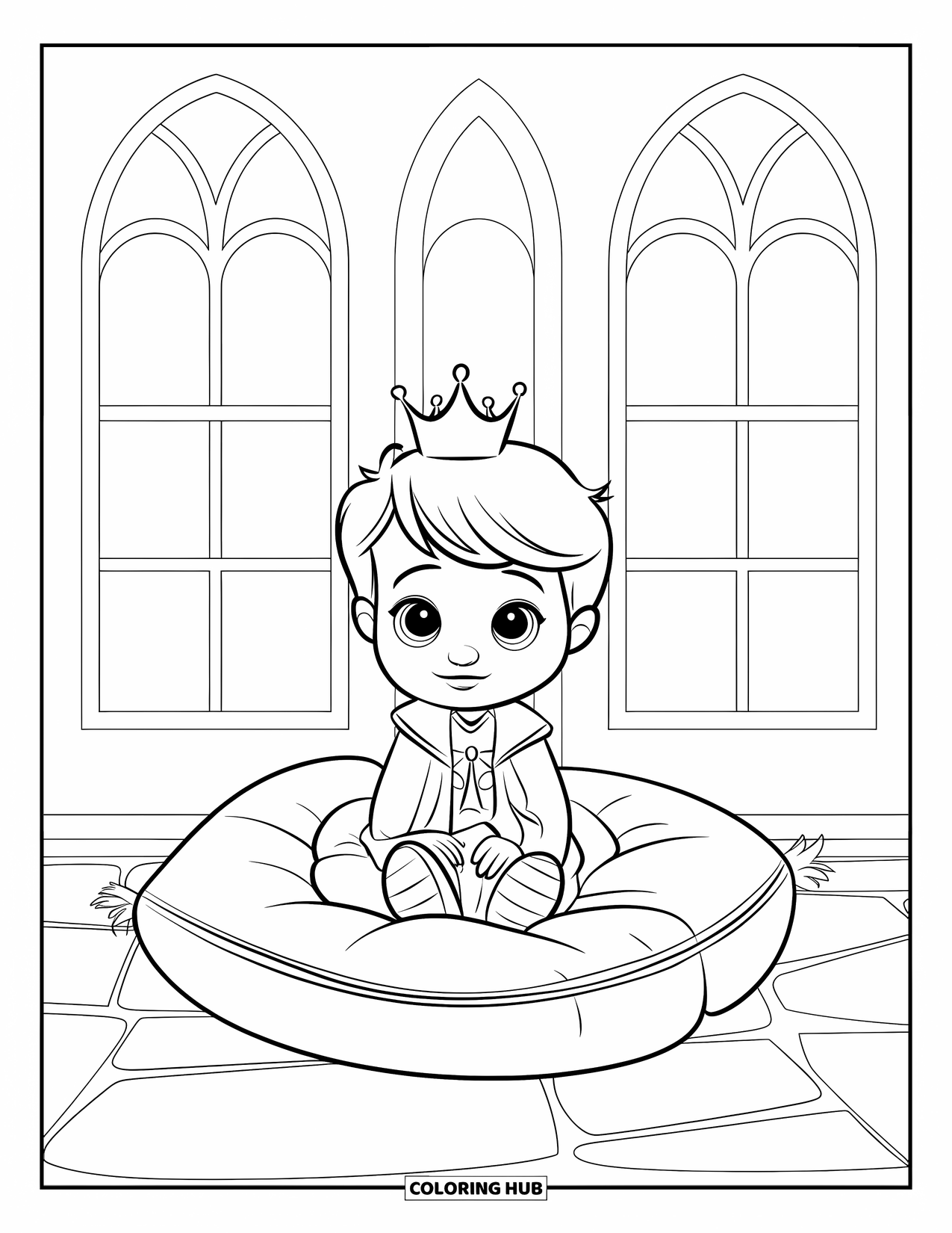 Prince Coloring Page for Kids: A small prince sits on a cushion in a castle with arched windows