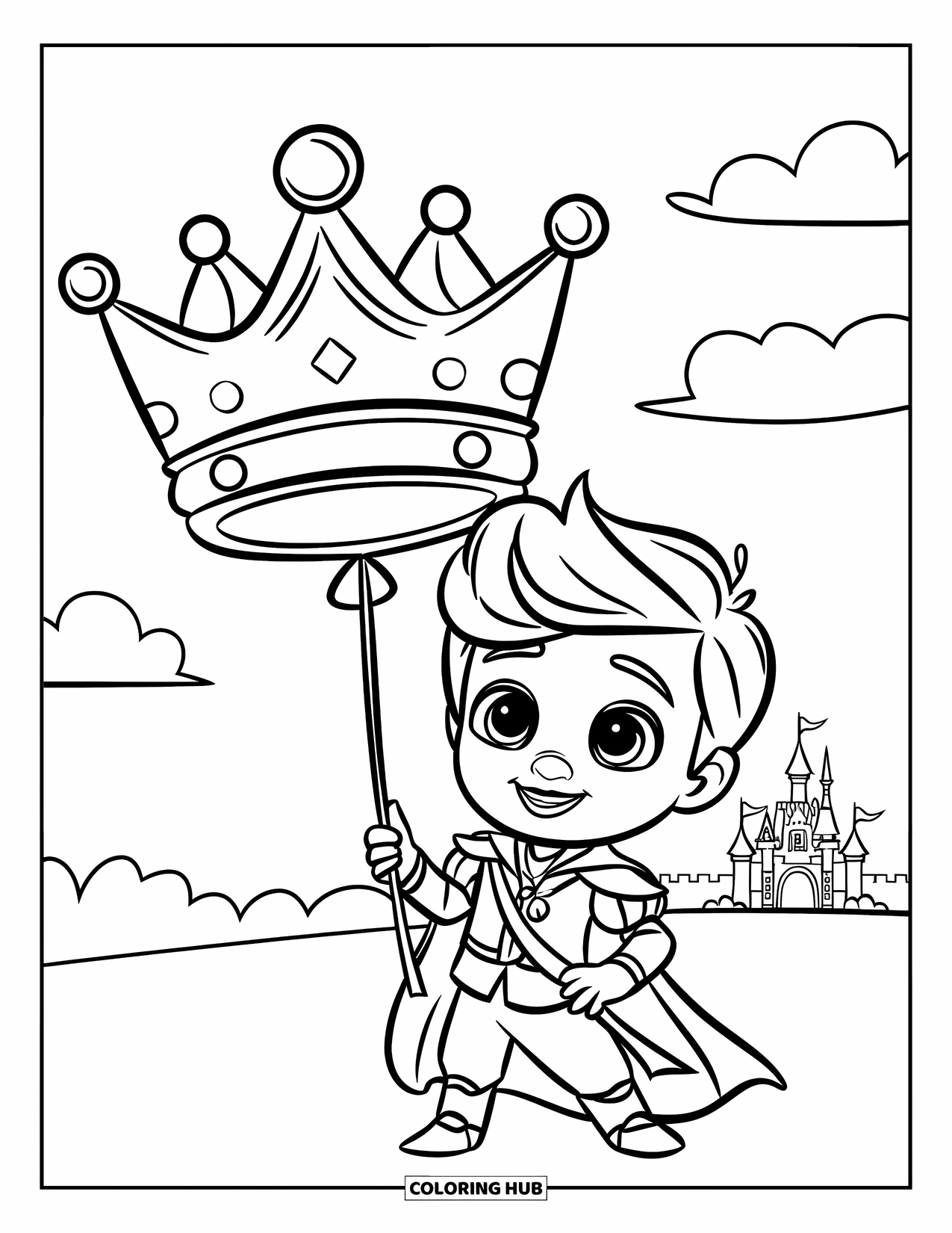 Prince Coloring Page for Kids: A smiling prince holds a crown balloon with a castle in the distance