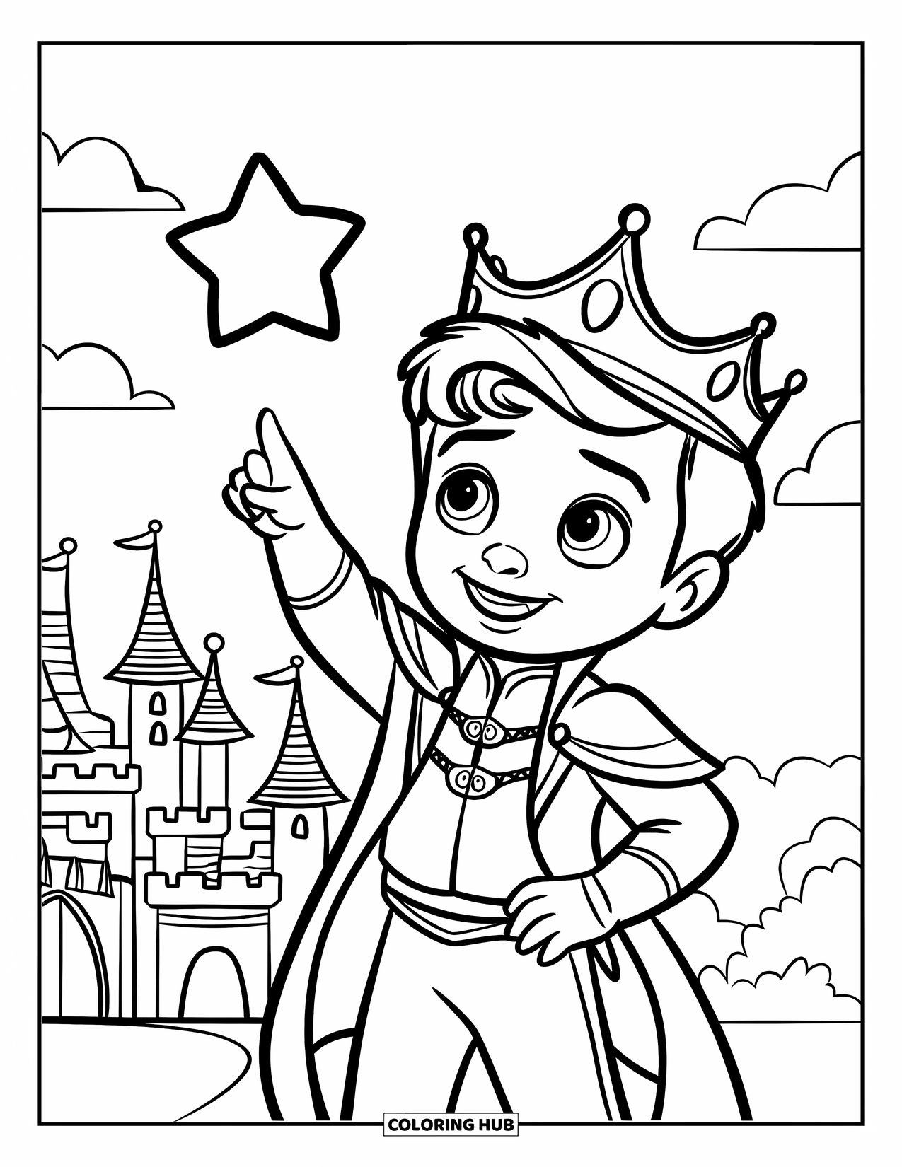 Prince Coloring Page for Kids: A smiling prince points to a star above a castle with clouds