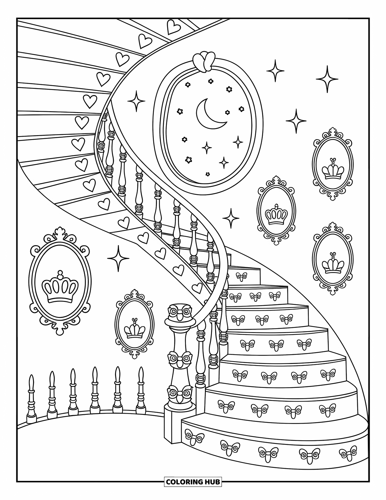 Princess Castle Coloring Page for Adults: A castle staircase winds upward with roses, candles, and portraits on the walls