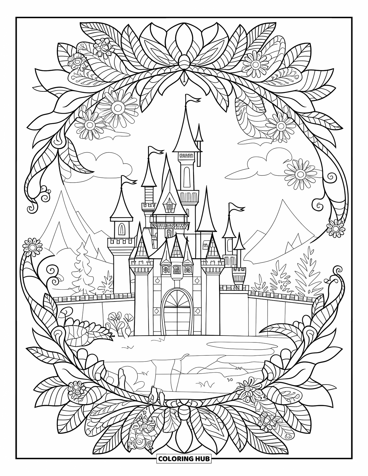 Princess Castle Coloring Page for Adults: A castle with towers and drawbridge is encircled by a floral mandala frame