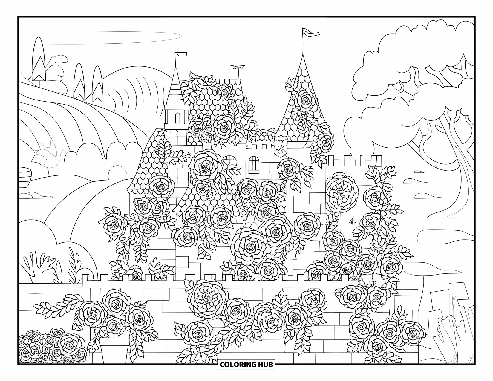 Princess Castle Coloring Page for Adults: A castle with towers and walls is covered in vines, roses, and nearby pots