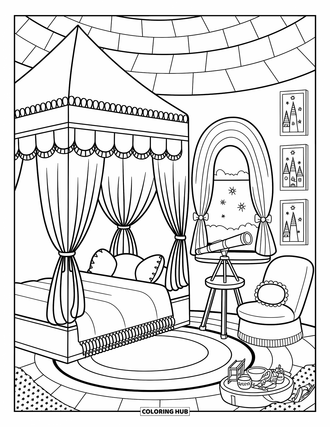 Princess Castle Coloring Page for Adults: A cozy tower room holds a canopy bed, books, and a telescope by the window