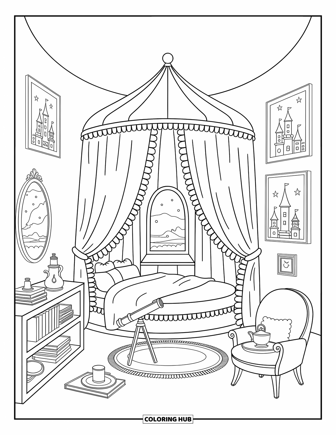 Princess Castle Coloring Page for Adults: A cozy tower room with a canopy bed, trinkets, and a starry view