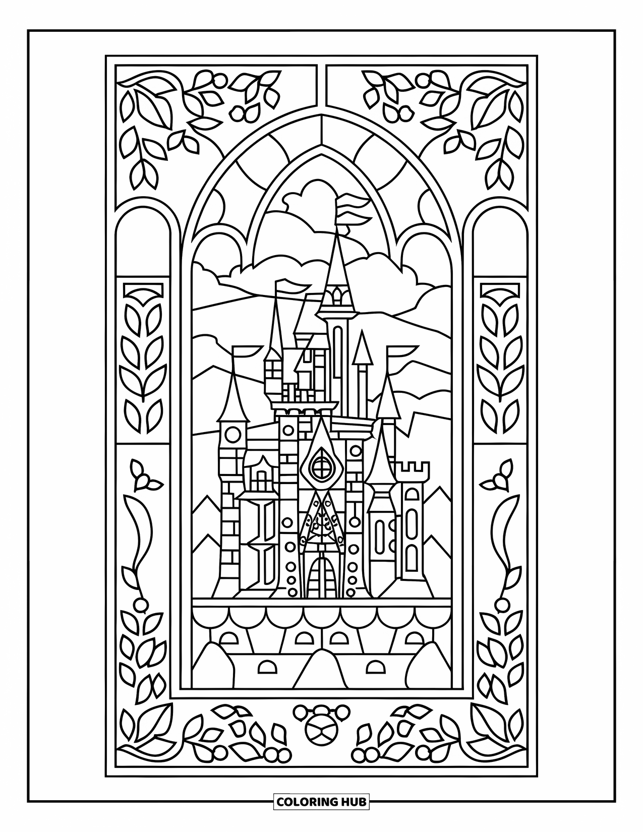 Princess Castle Coloring Page for Adults: A detailed castle sits in a stained glass window with floral borders around it
