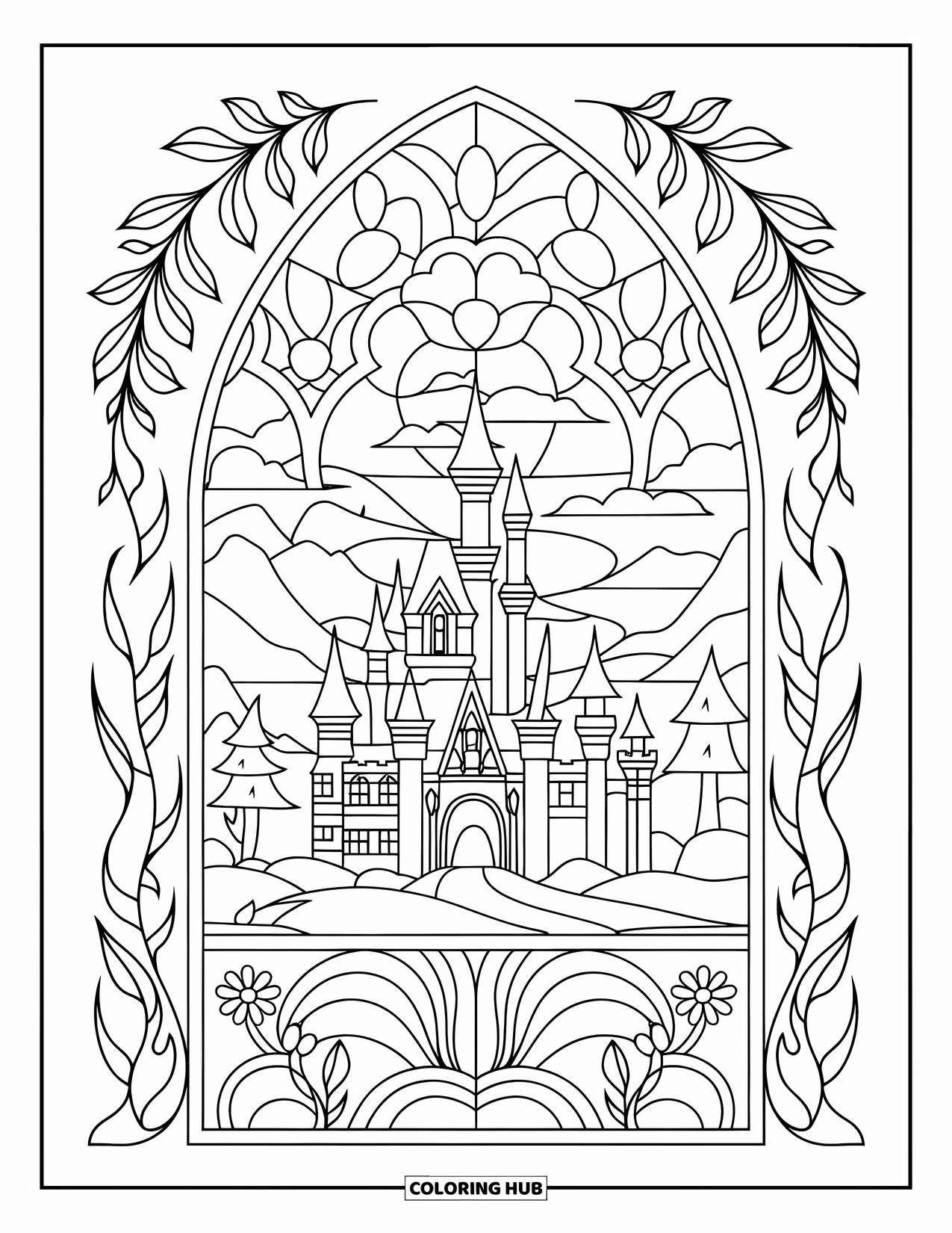 Princess Castle Coloring Page for Adults: A fantasy castle is centered in a stained glass window with floral borders