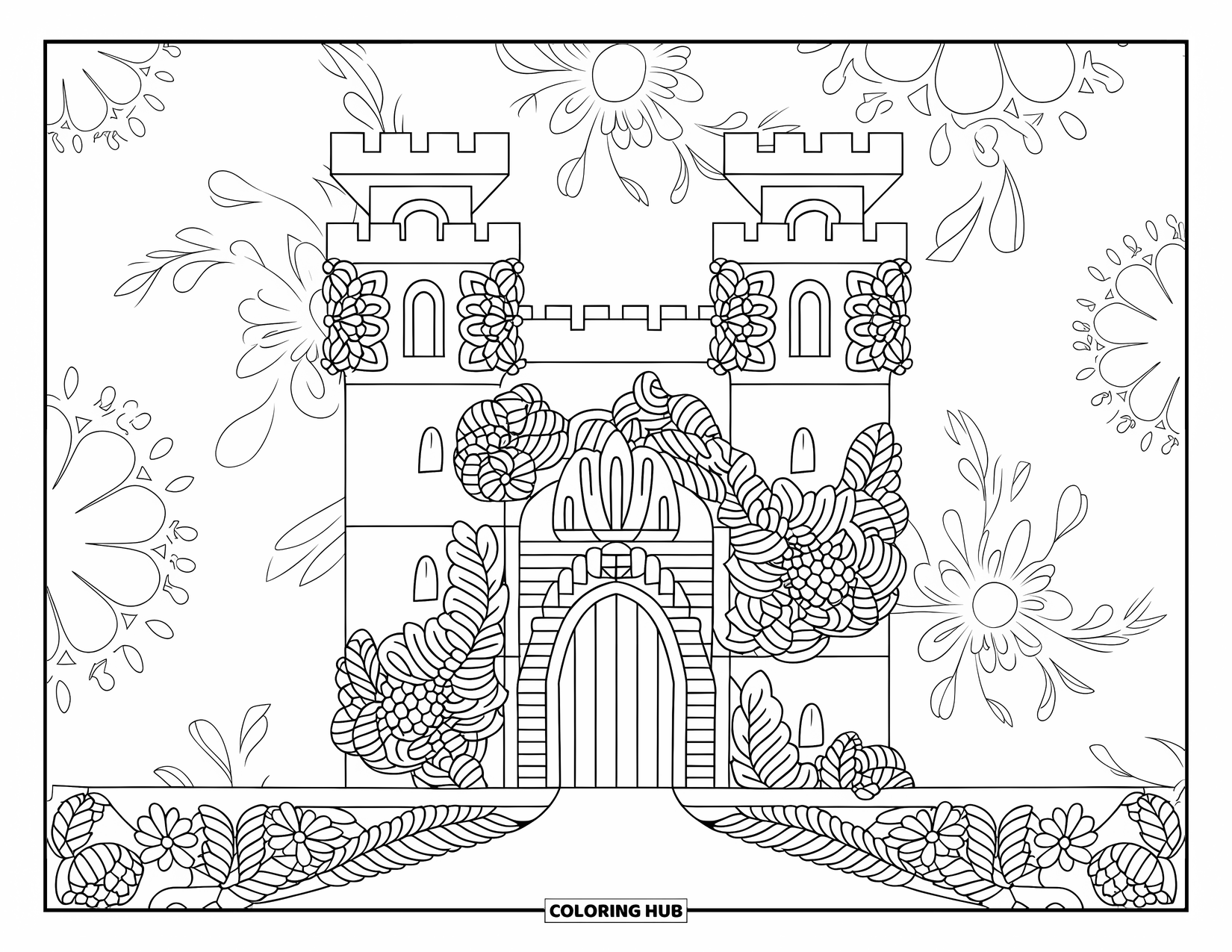 Princess Castle Coloring Page for Adults: A gothic castle is wrapped in floral latticework covering its towers and walls