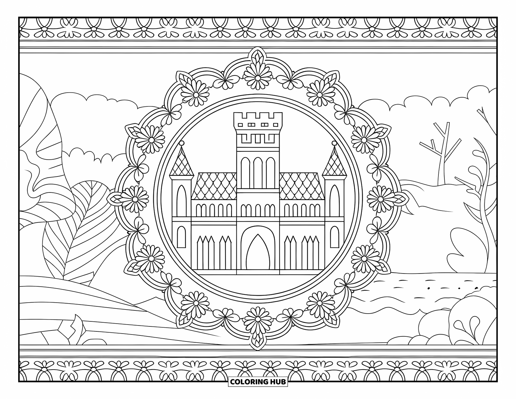 Princess Castle Coloring Page for Adults: A gothic castle with towers and arches is framed by floral latticework and hills
