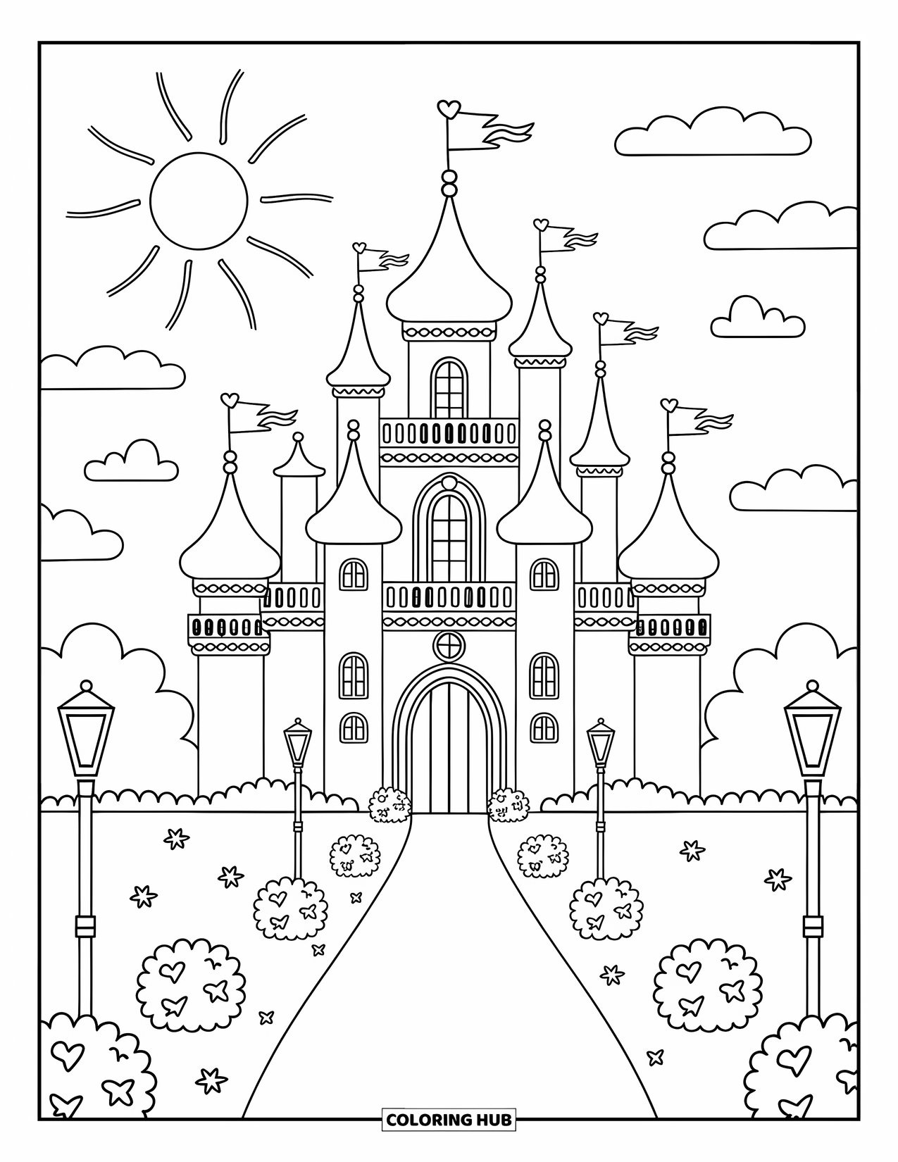 Princess Castle Coloring Page for Adults: A princess castle rises with domes and spires beneath clouds and soaring birds