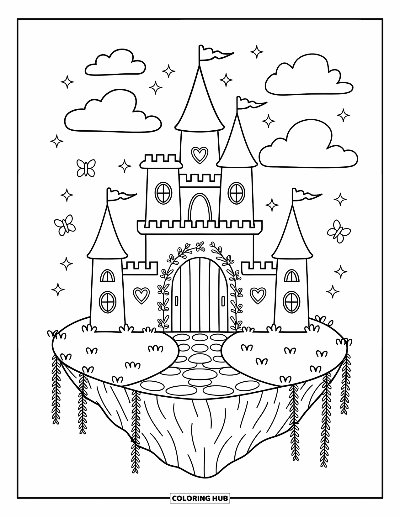Princess Castle Coloring Page for Adults: A princess castle stands atop a floating island surrounded by clouds and stars