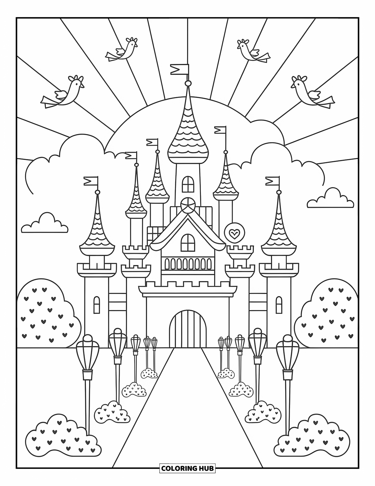 Princess Castle Coloring Page for Adults: A princess castle with domes and spires glows beneath a rising sun