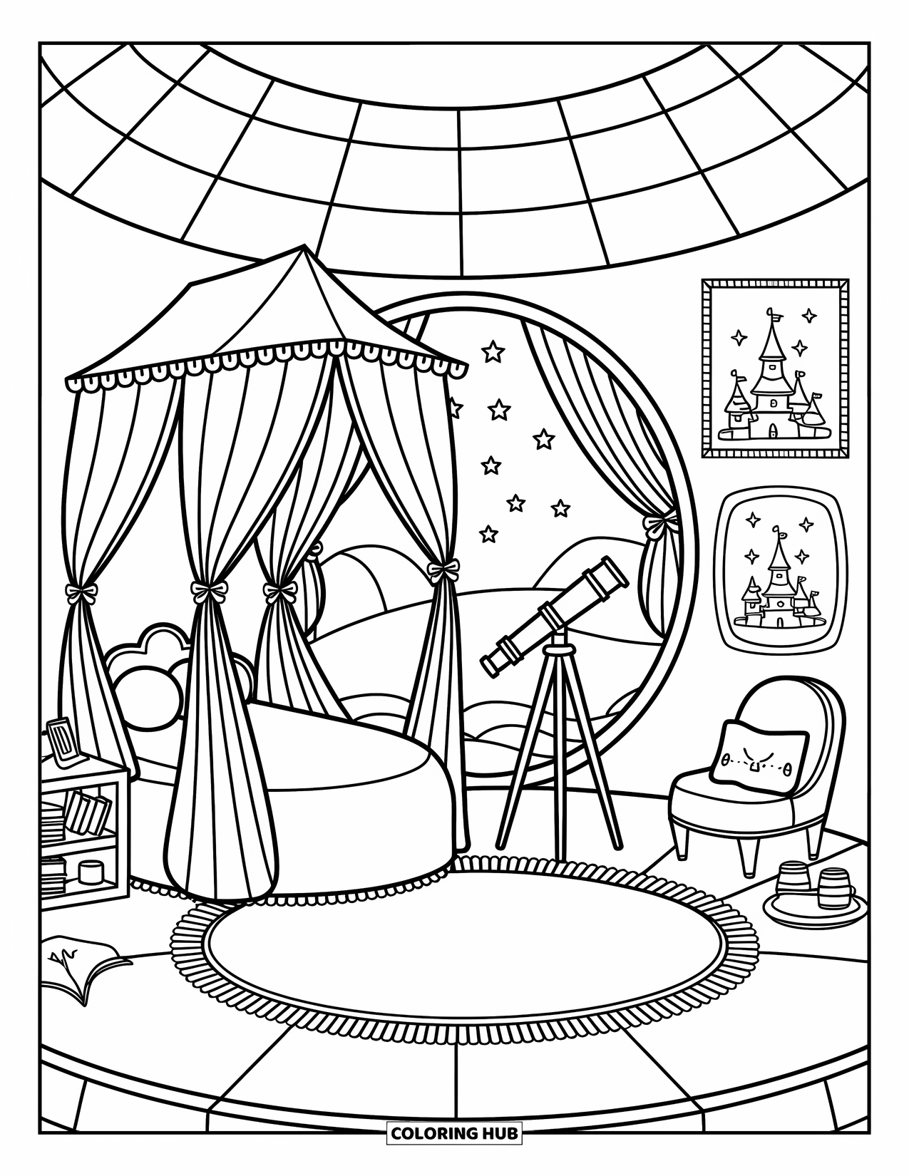 Princess Castle Coloring Page for Adults: A round tower room with a canopy bed, books, and a telescope view