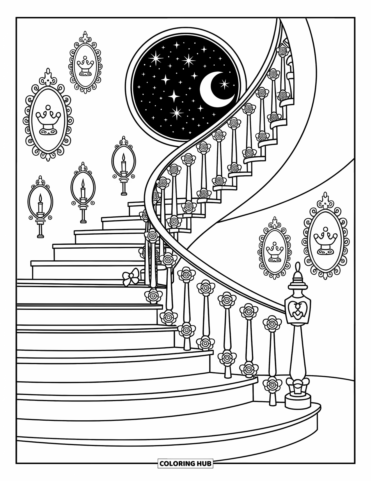 Princess Castle Coloring Page for Adults: A spiraling staircase with roses, bows, and a glowing moonlit window
