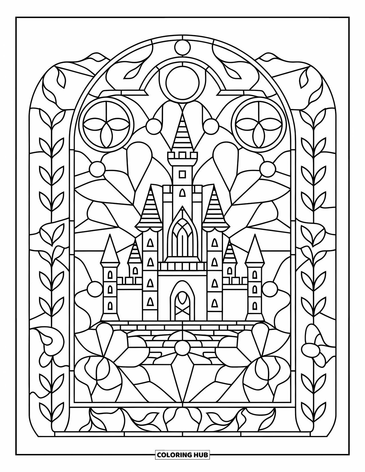 Princess Castle Coloring Page for Adults: A tall castle in stained glass is framed by geometric shapes and flowers