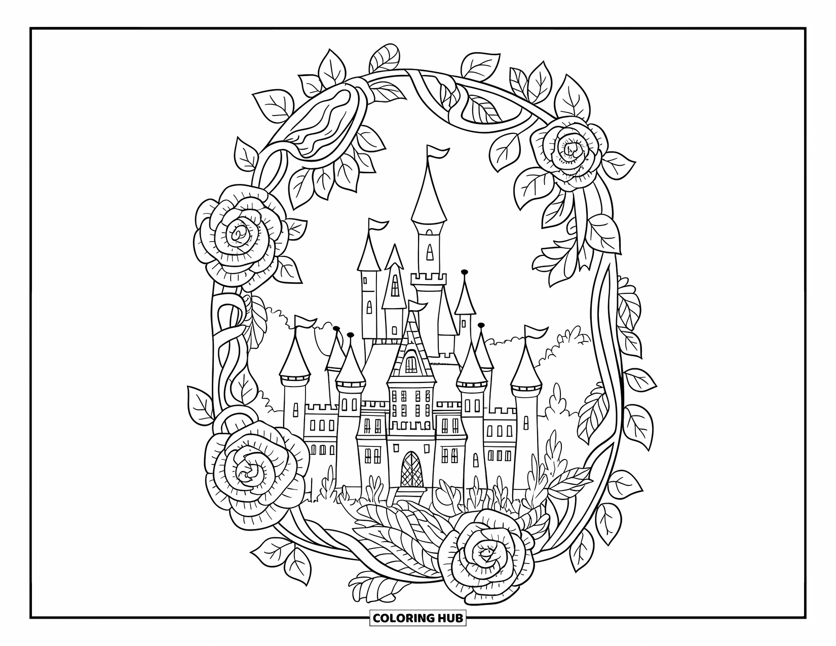 Princess Castle Coloring Page for Adults: A tall castle with towers is wrapped in winding vines and blooming roses