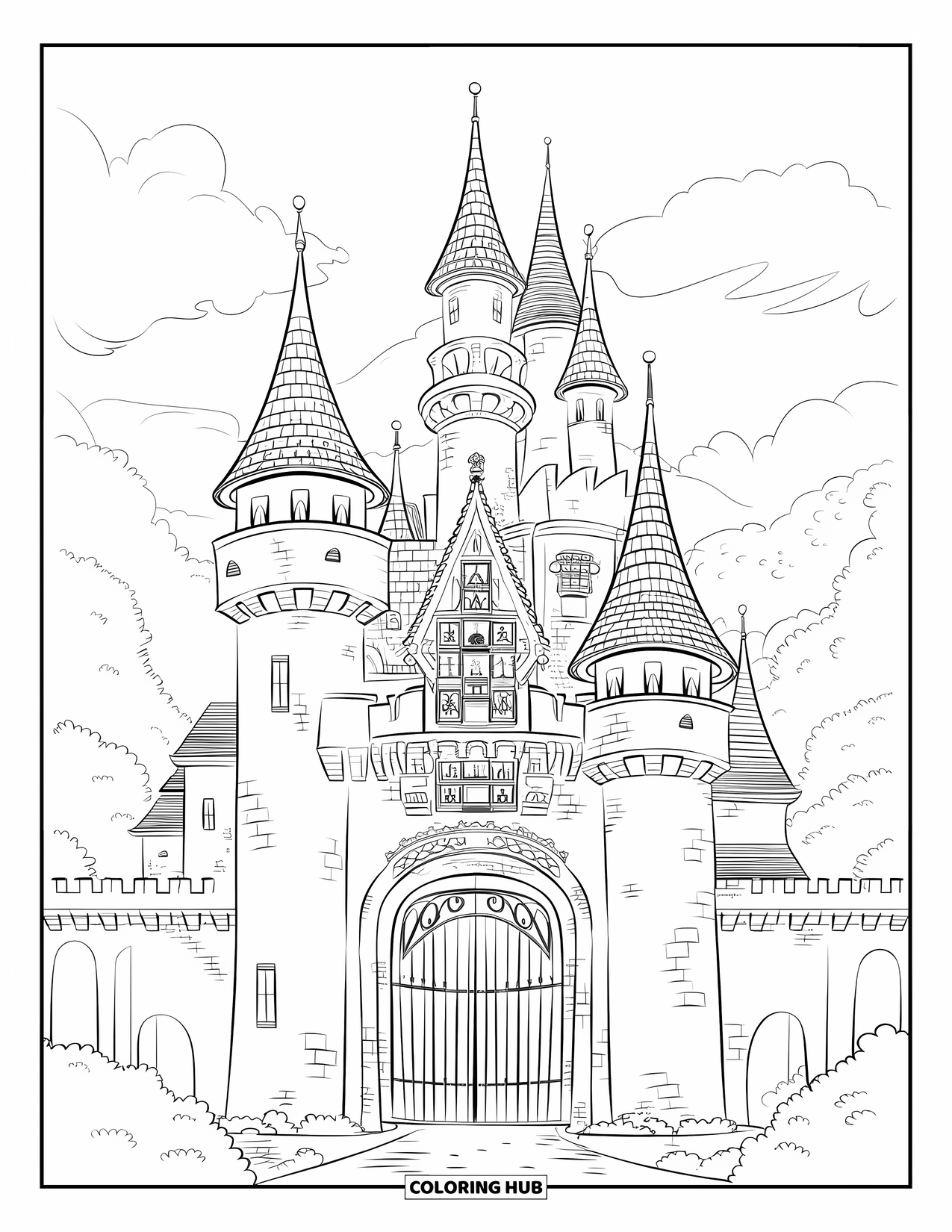 Princess Castle Coloring Page for Adults: A tall fairytale castle with arched bridges stands among greenery and trees