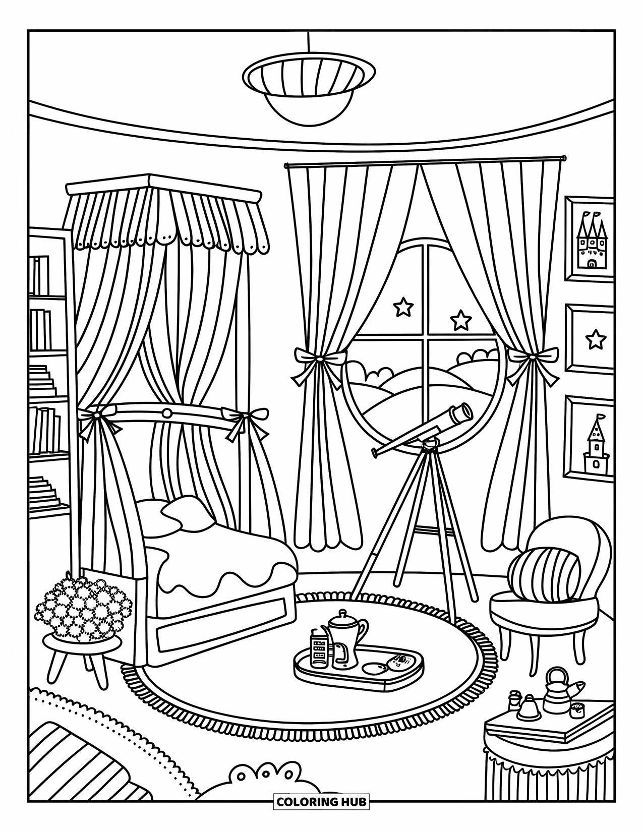 Princess Castle Coloring Page for Adults: A tower room with a canopy bed, books, and a telescope at the window