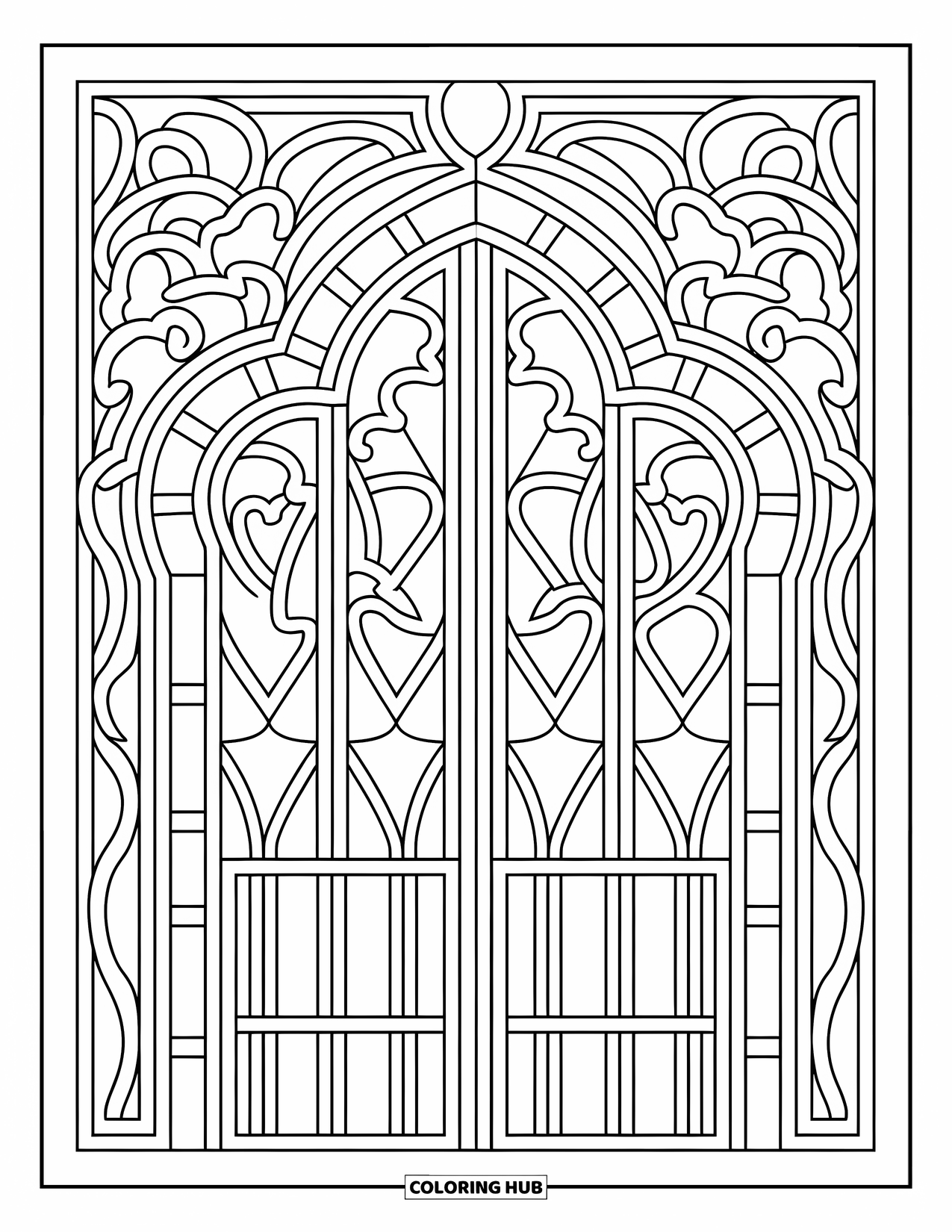 Princess Castle Coloring Page for Adults: An intricate castle gate is framed by swirling stained glass patterns