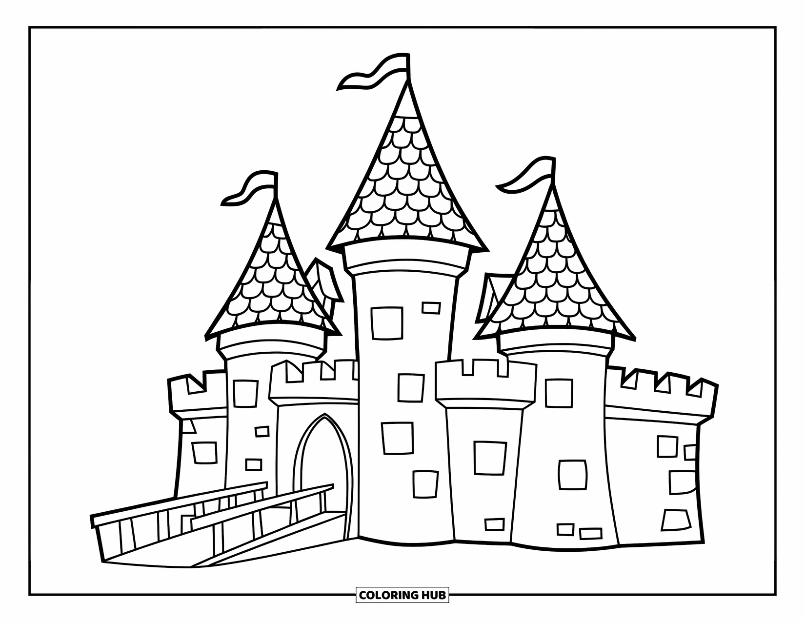 Princess Castle Coloring Page for Kids: A cartoon castle with rooftops, a moat, and guard tower