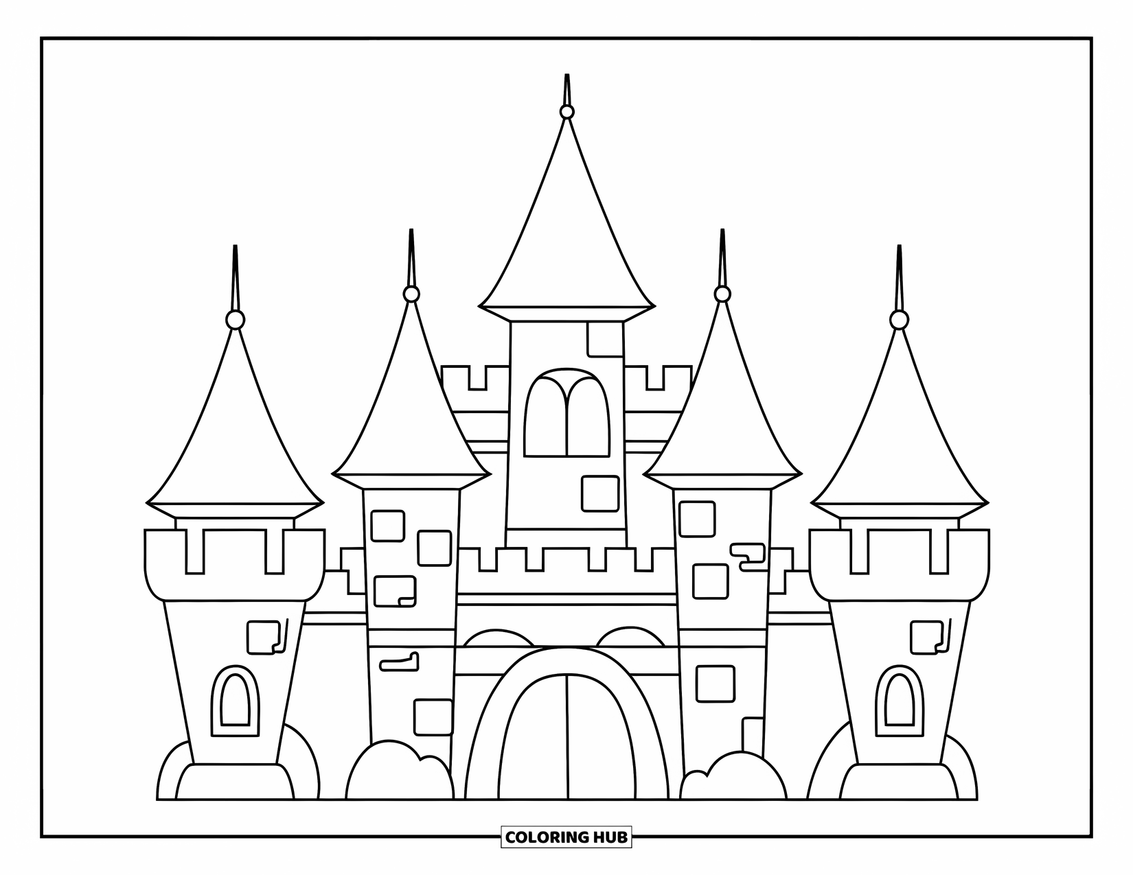 Princess Castle Coloring Page for Kids: A cartoon castle with rooftops, towers, and a drawbridge