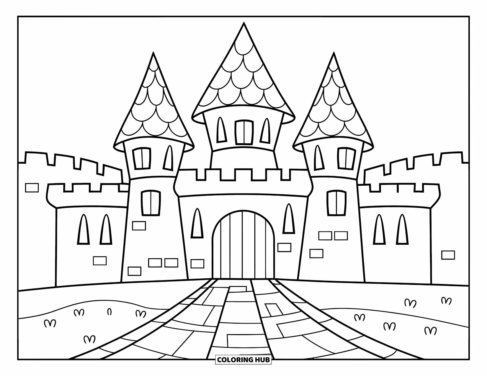 Princess Castle Coloring Page for Kids: A cartoon castle with three rooftops and a moat