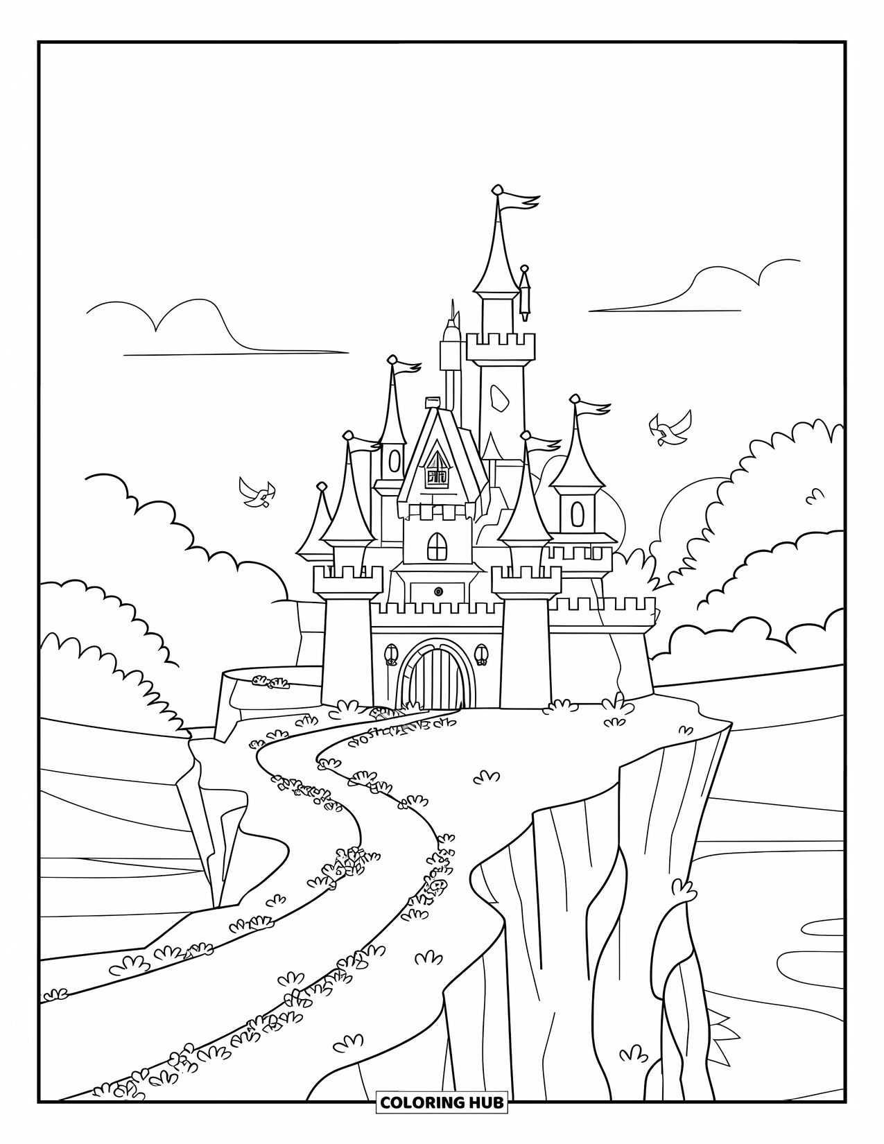 Princess Castle Coloring Page for Kids: A castle on a cliff with a winding path and birds