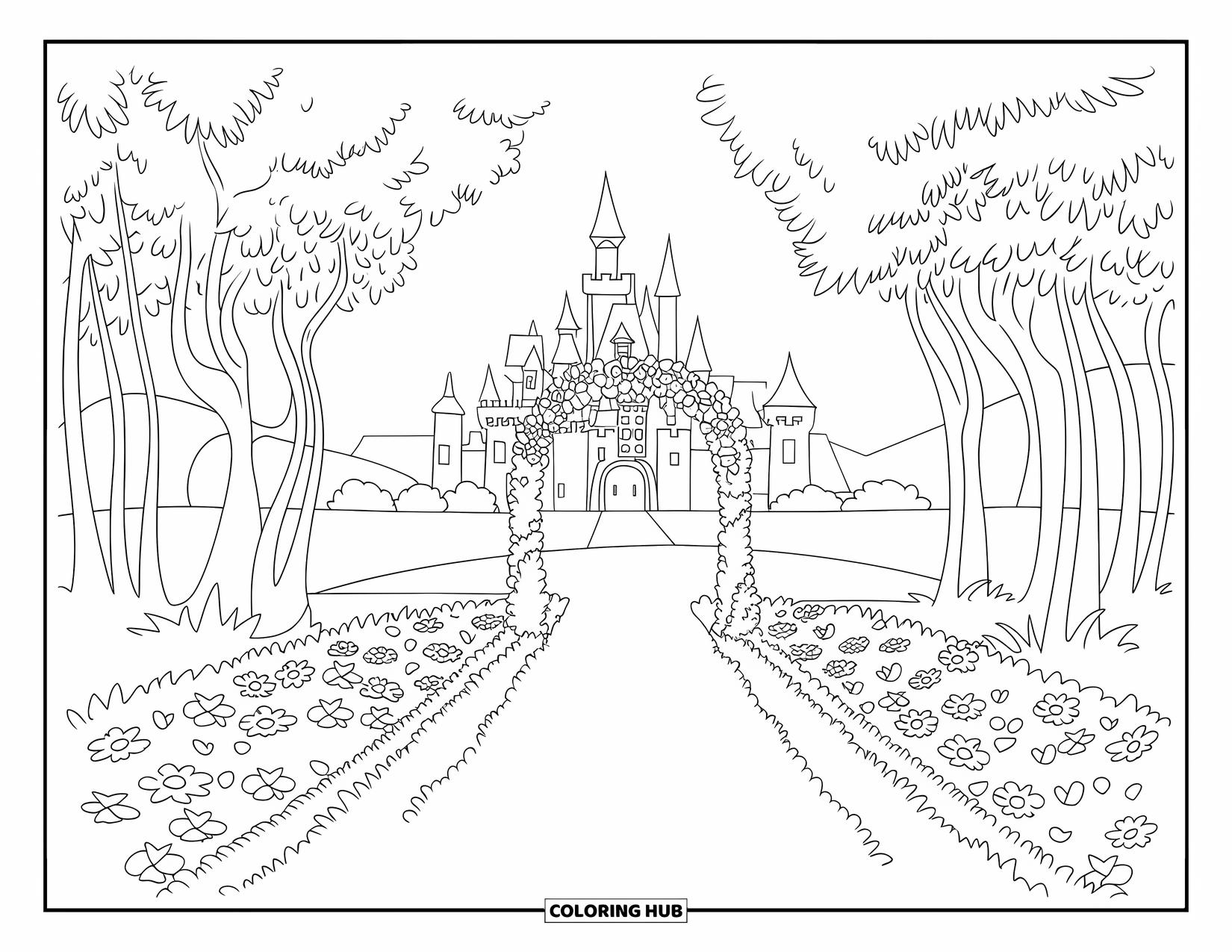 Princess Castle Coloring Page for Kids: A castle stands beyond a garden arch and grassy trail