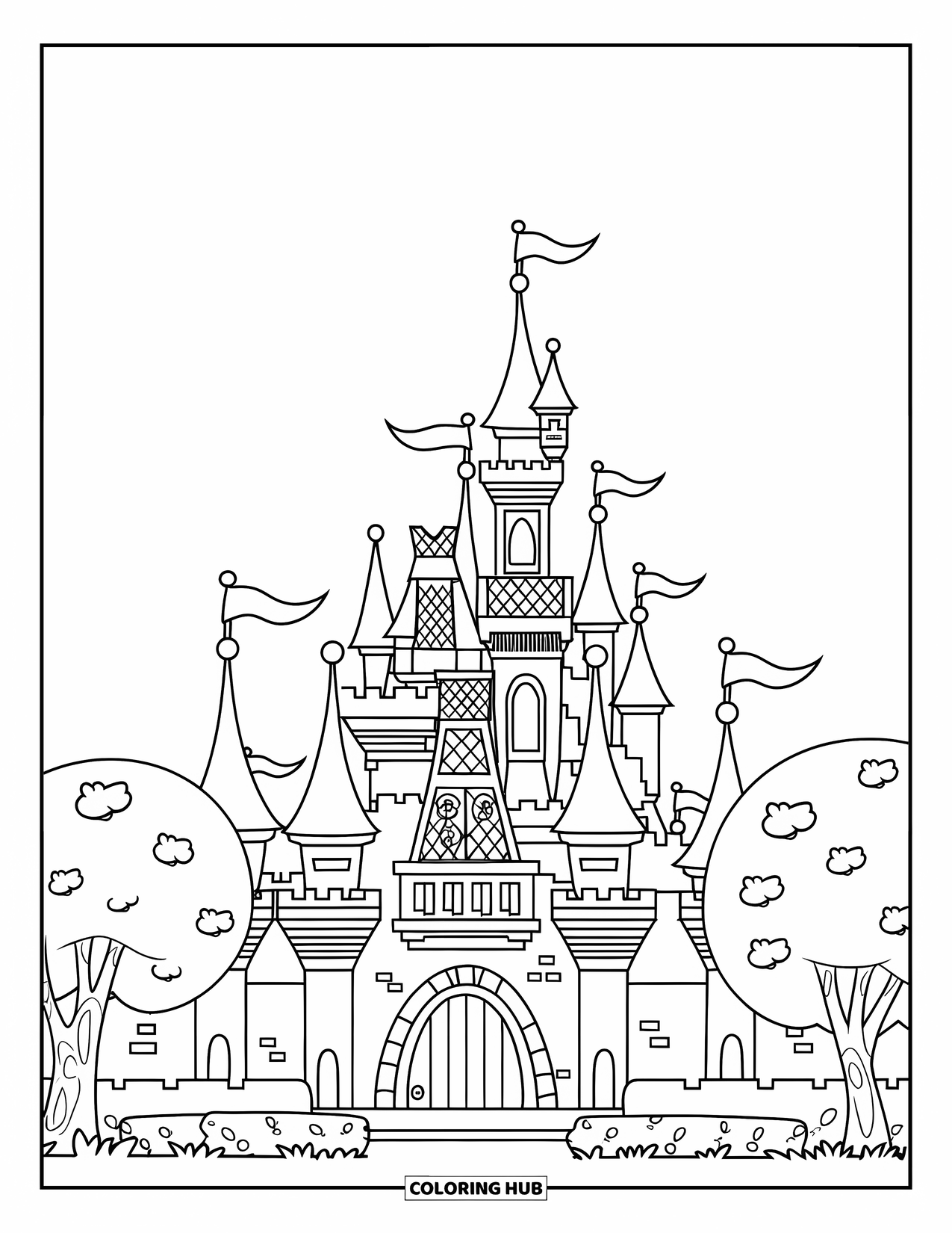 Princess Castle Coloring Page for Kids: A castle with arched doors, flags, and round trees