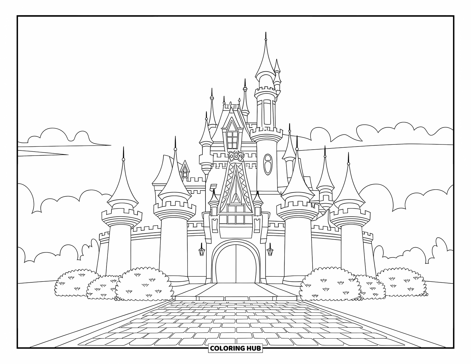 Princess Castle Coloring Page for Kids: A castle with balconies, bushes, and a cobblestone path