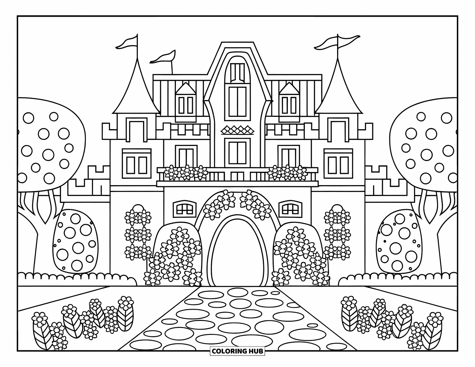 Princess Castle Coloring Page for Kids: A castle with balconies, towers, and a stone-paved yard