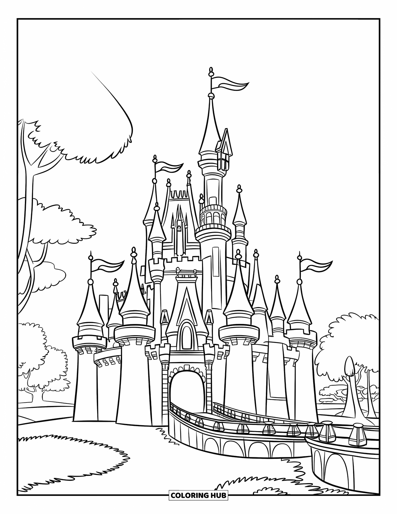 Princess Castle Coloring Page for Kids: A castle with flags, a moat, and tall trees